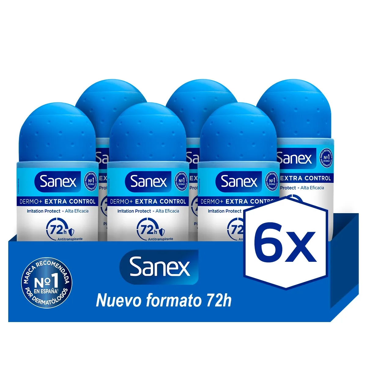 Sanex Dermo Extra Control Desodorante Roll-On Unisex 50ml, 72H Protección, Anti Irritación, 0% Alcohol. Pack 6