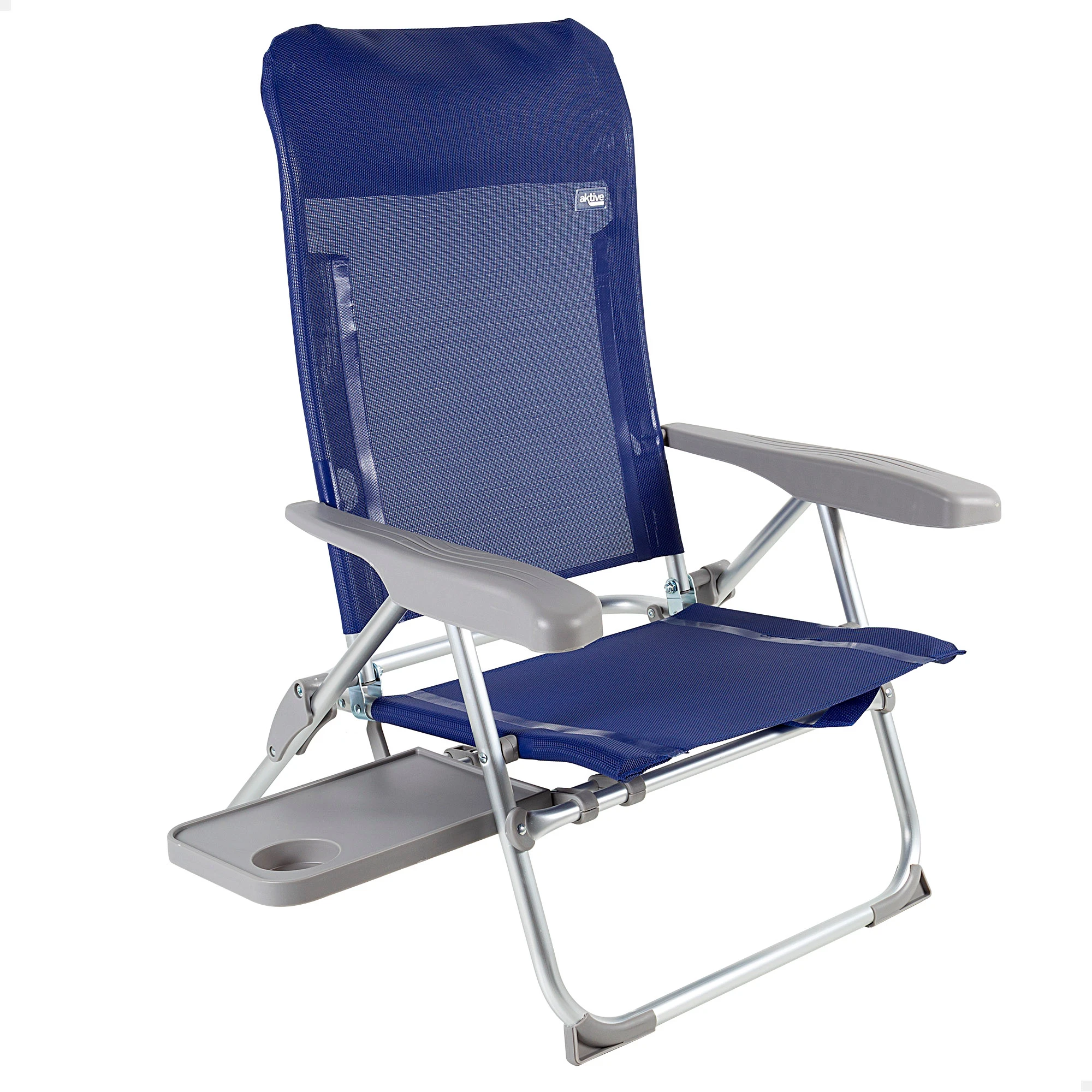 Silla de playa plegado slim multiposición y ativuelco Aktive, con mesa extraíble y asa transporte, medidas 47x57x89cm, de aluminio, peso máx. 110kg.