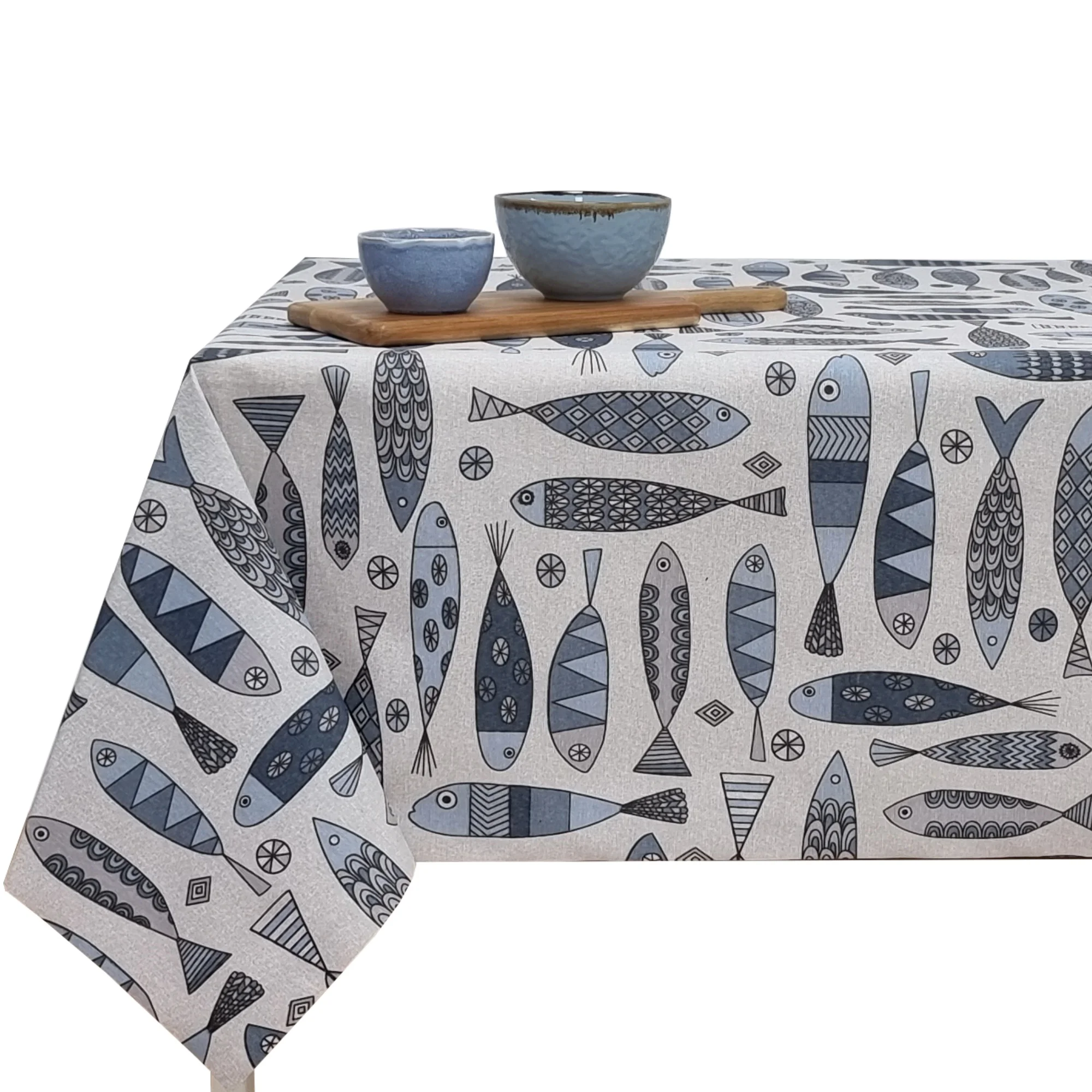 Mantel tela textil resinado suave, rectangular, Ideal para el hogar, Cocina, Comedor, Jardin, Balcon, Salon y picnic. Fácil de limpiar , Azul y gris, , Dibujo de peces, Estampado de peces, Fiesta,