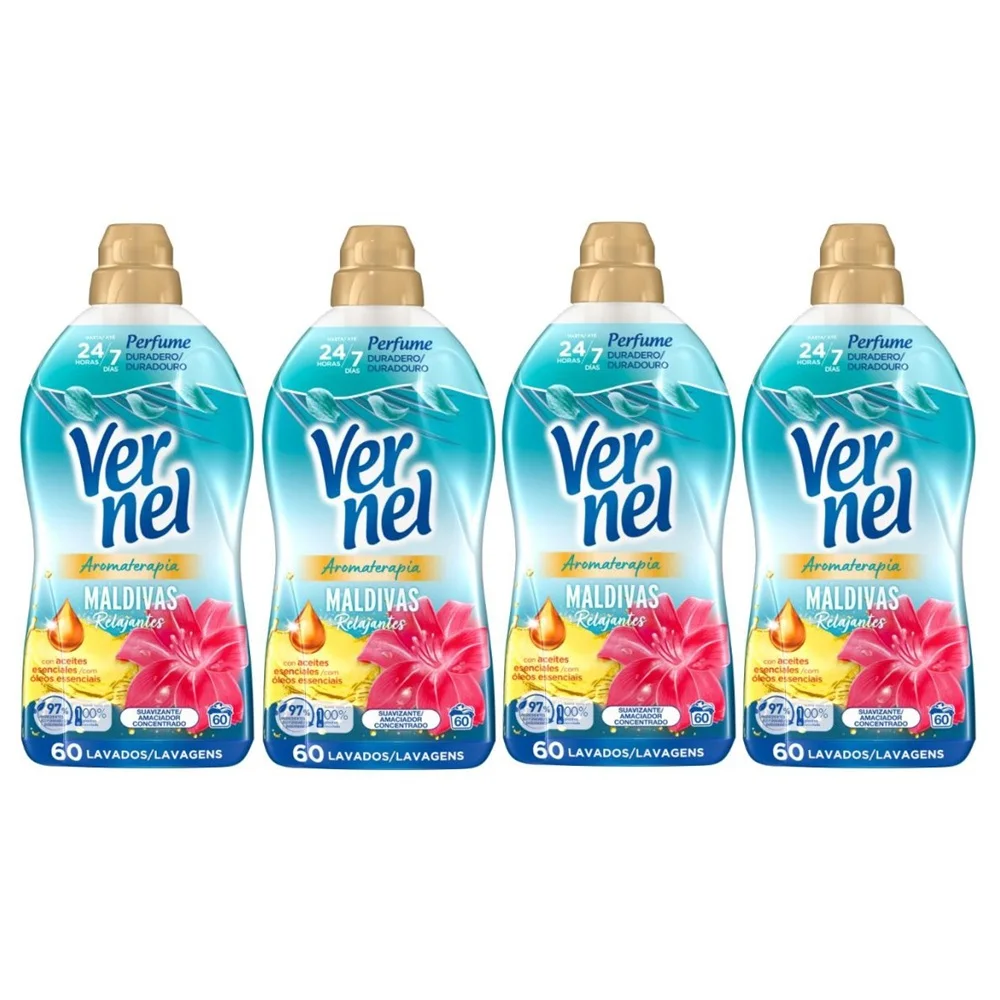 Vernel Suavizante Concentrado para la Ropa Aromaterapia Maldivas Relajantes 60 Lavados, Pack 4x60 = 240 Dosis, Suavizante Líquido Para Lavadora, Fórmula Duo-Caps, Perfume Duradero hasta 200 días, Ropa Suave, Protege las fibras y Facilita el Planchado
