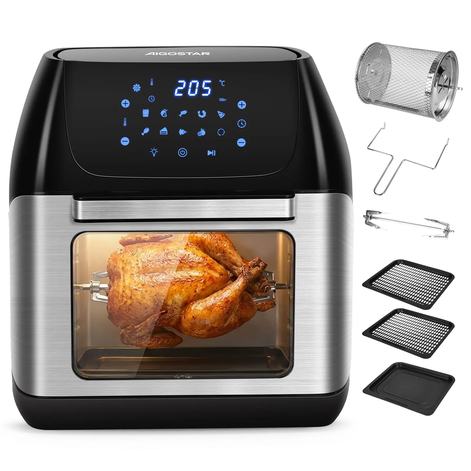 Aigostar Freidora de Aire 12L con Sistema Giratorio, Horno de Aire 1500W con 9 Programas y Pantalla LED Táctil | Air Fryer de Acero Inoxidable con Ventana de Visualización, Incluye Accesorios y
