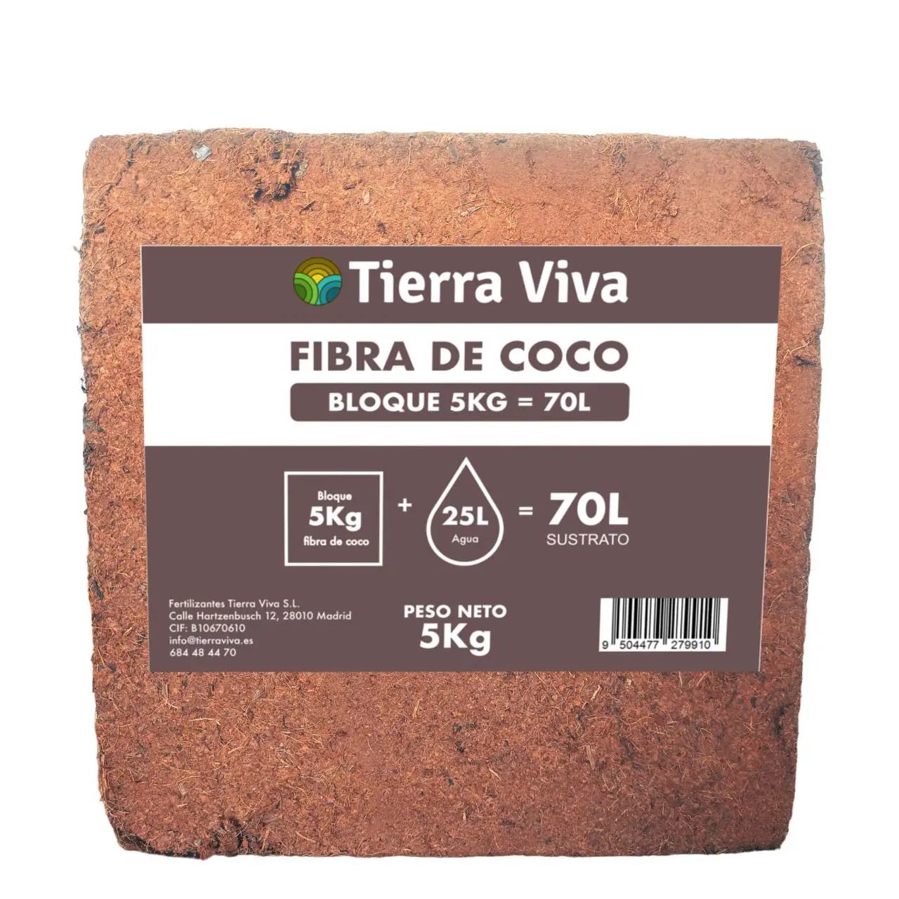 Fibra de Coco Orgánica - Bloque de 5kg 70L - Sustrato ecológico huerto Urbano, semilleros, Grow y vermicomposteras