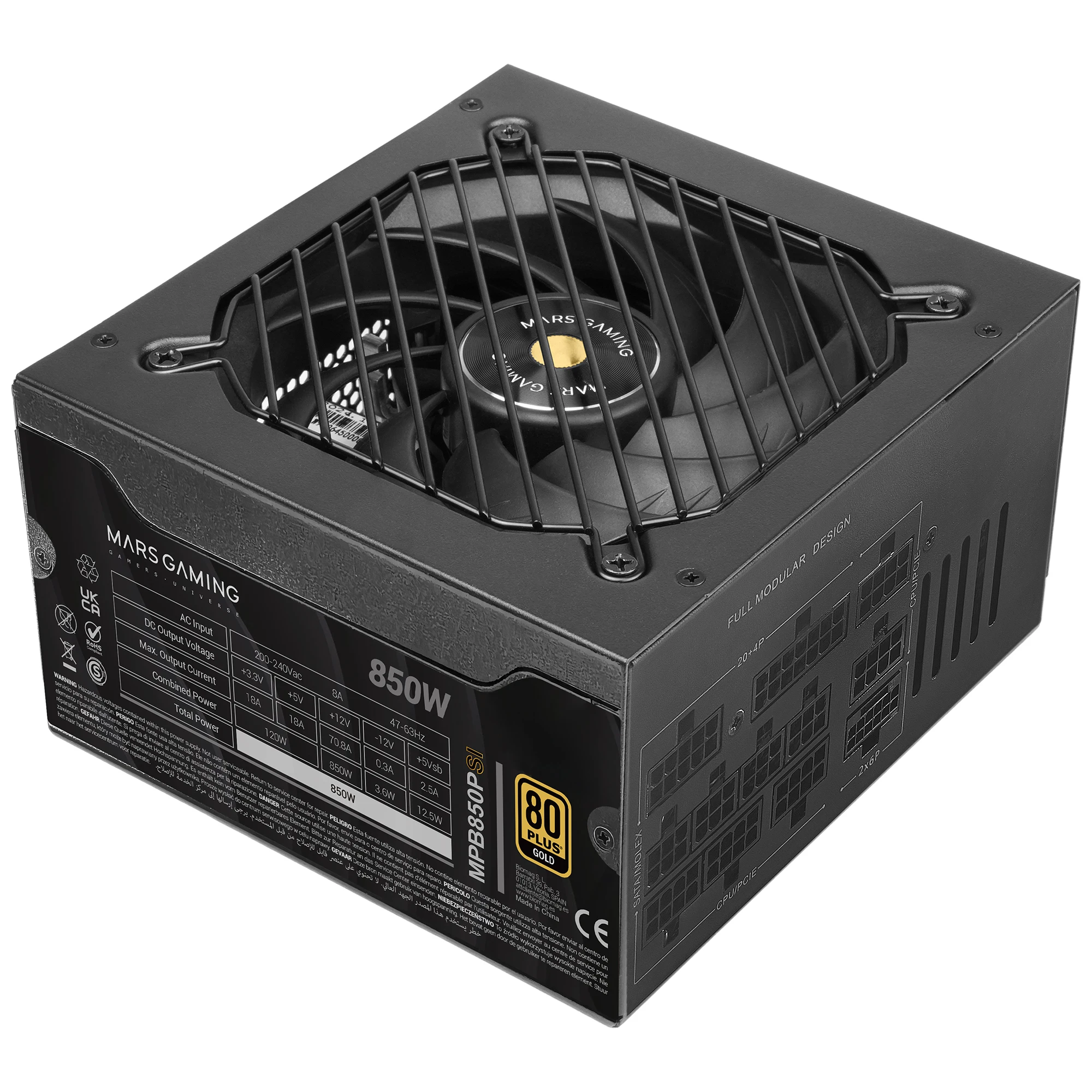 Mars Gaming MPB850PSI, Fuente Alimentación Full Modular ATX 850W, 10 Años Seguridad, 80Plus Gold 90%, Ventilador SI 14cm, Tecnología AI2-RPM, DC-DC y SMD, ATX 3.1 y PCIe 5.1, Conector 12V 2x6, Fuente