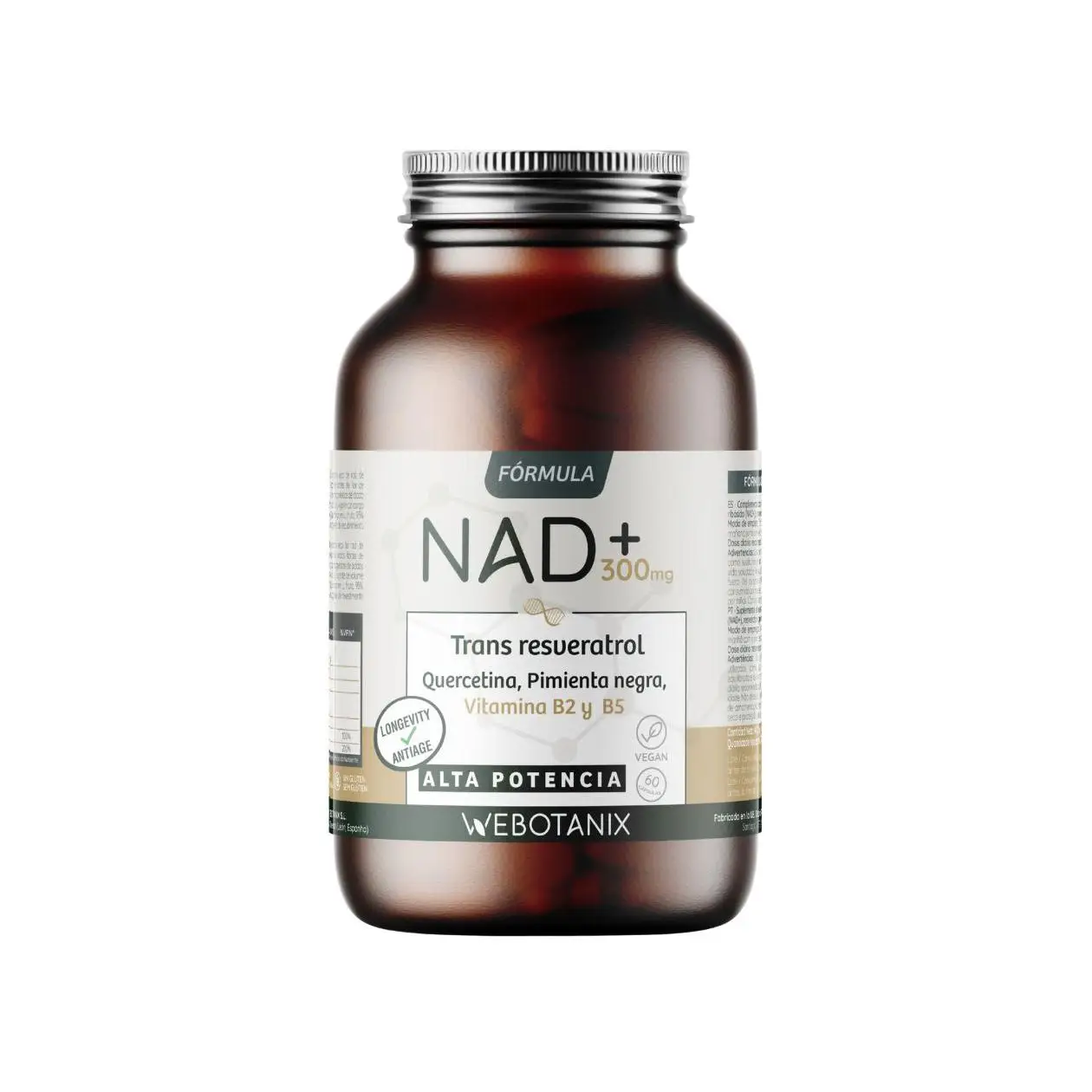 WeBotanix | Fórmula NAD+ con Trans-Resveratrol y Quercetina | 60 Cápsulas | Con Vitaminas B2 y B5 + Piperina | Energía Celular, Reparación y Longevidad | Sin Gluten | Vegano
