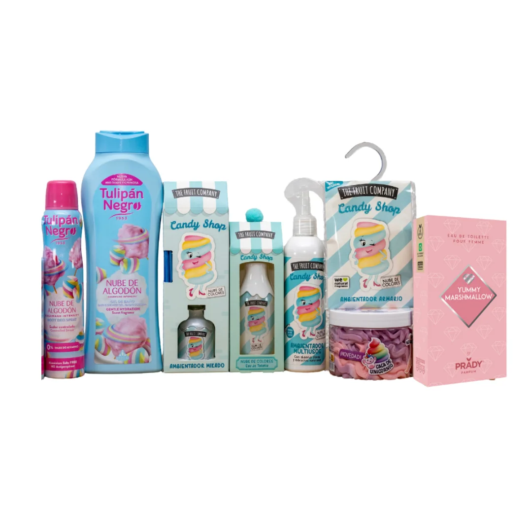 CAJA BEAUTY NUBE  Productos de cosmética y hogar "Tulipán Negro", "The fruit company" y "Prady"