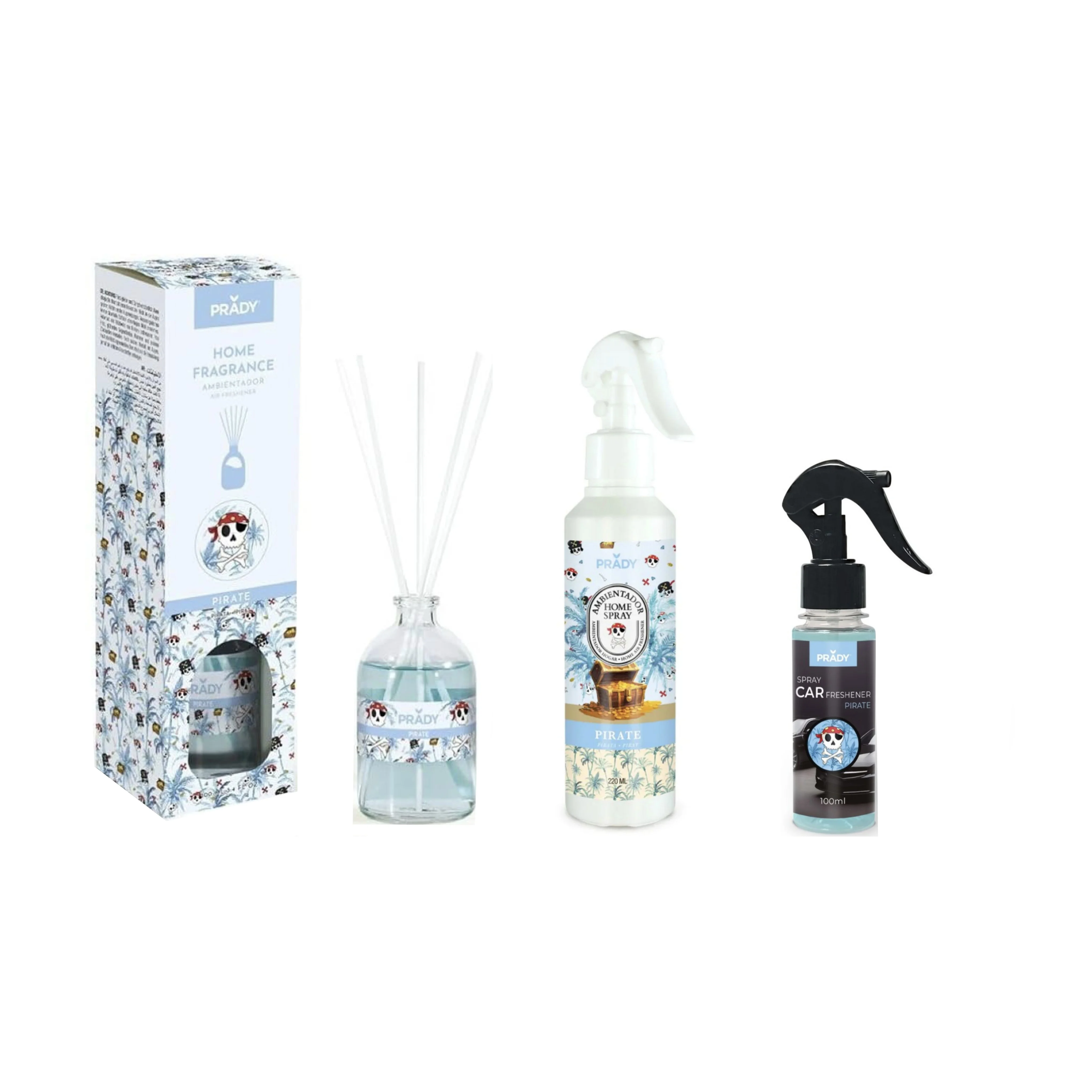 LOTE de 3 ambientadores Mikado, Spray y Coche PIRATE para un aroma fresco en tu hogar y coche PRADY