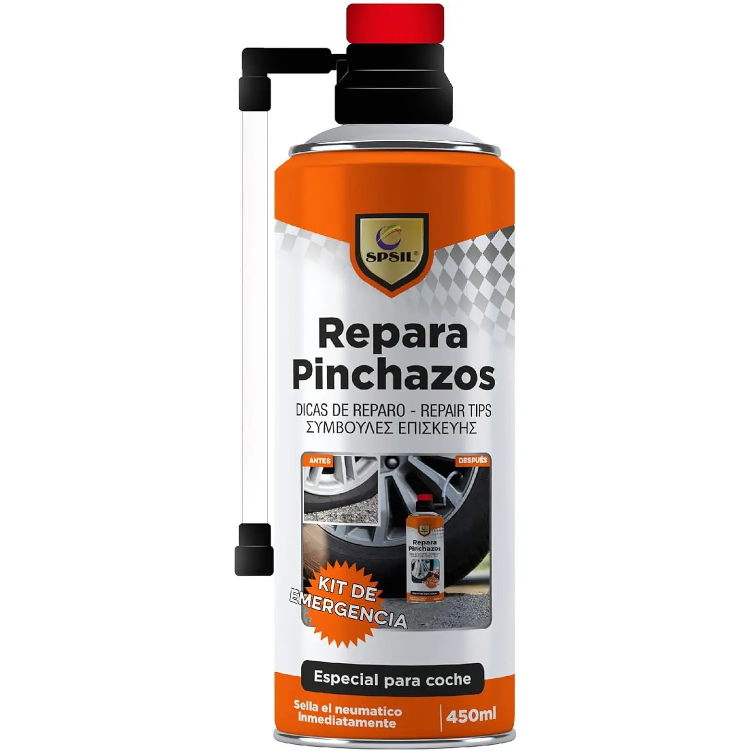 Pack 2 Spray Reparador de Pinchazos 450 ml – Sellador de Neumáticos para Coche y Moto, Reparación de Emergencia Instantánea, Sella y Reinfla, Fácil Uso sin Herramientas, Solución Temporal para Llegar