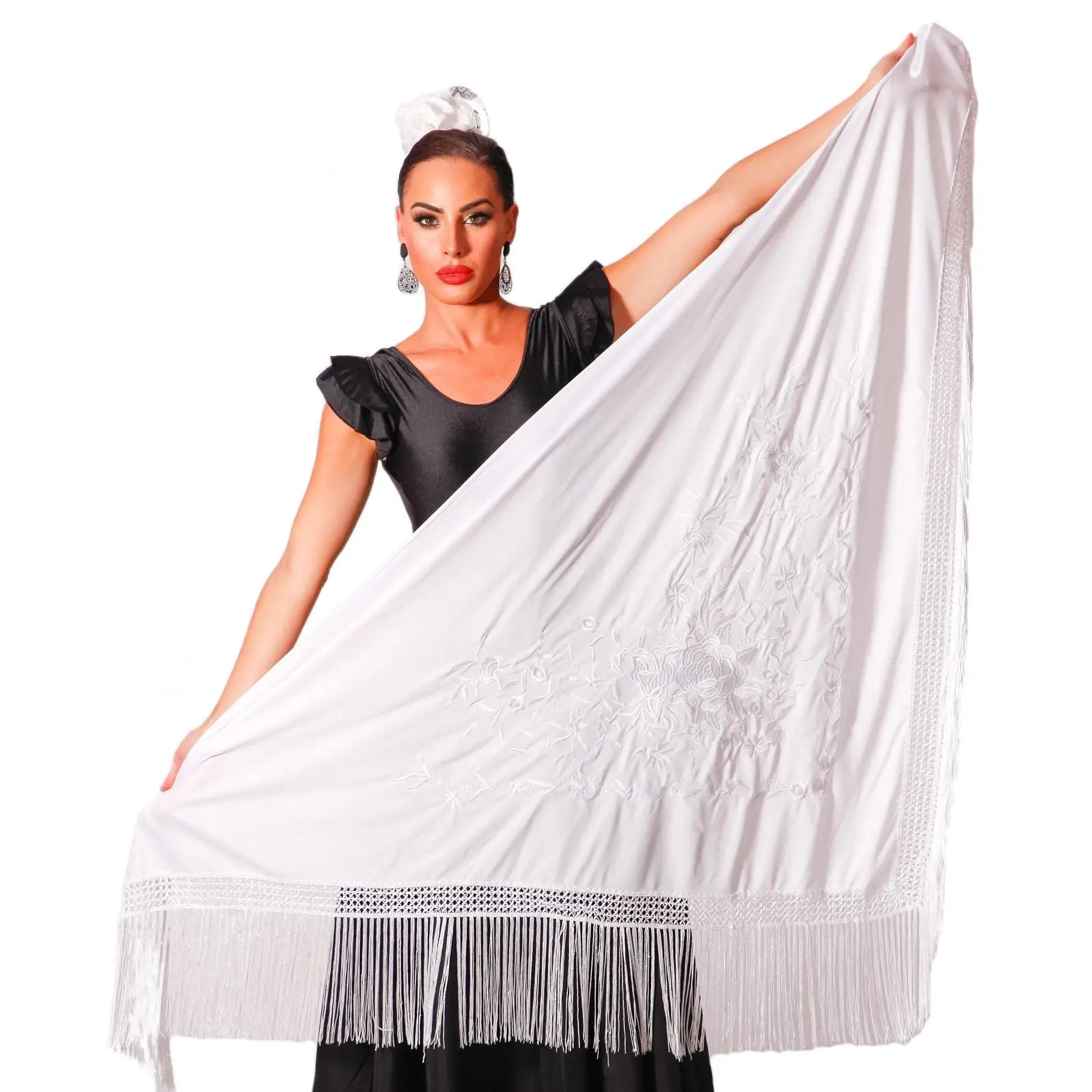 ANUKA Manton Flamenco Bordado XL 190x90 con Flecos Blancos