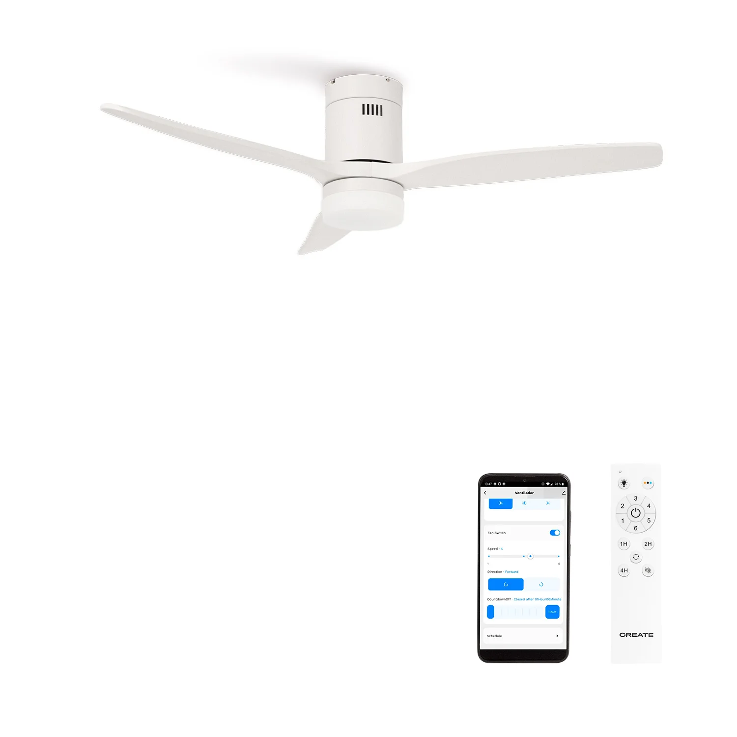Create - 40w silent ceiling fan ø112cm or ø152cm) - 6 speeds, summer/winter function, white motor, with light- wind calm