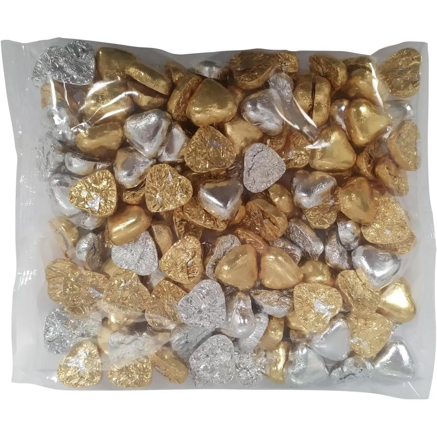 Deliex Delicias de Extremadura - 1 kg de bombones de chocolate con forma de corazón rellenos de crema de leche, dorado y plateado bolsa de 1 kilo (130-140 unidades aprox)
