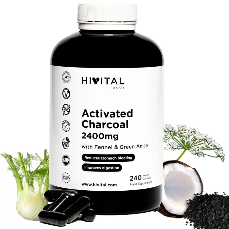 Carbón Activado 2400 mg. 240 cápsulas veganas para 1 mes de tratamiento. Hivital