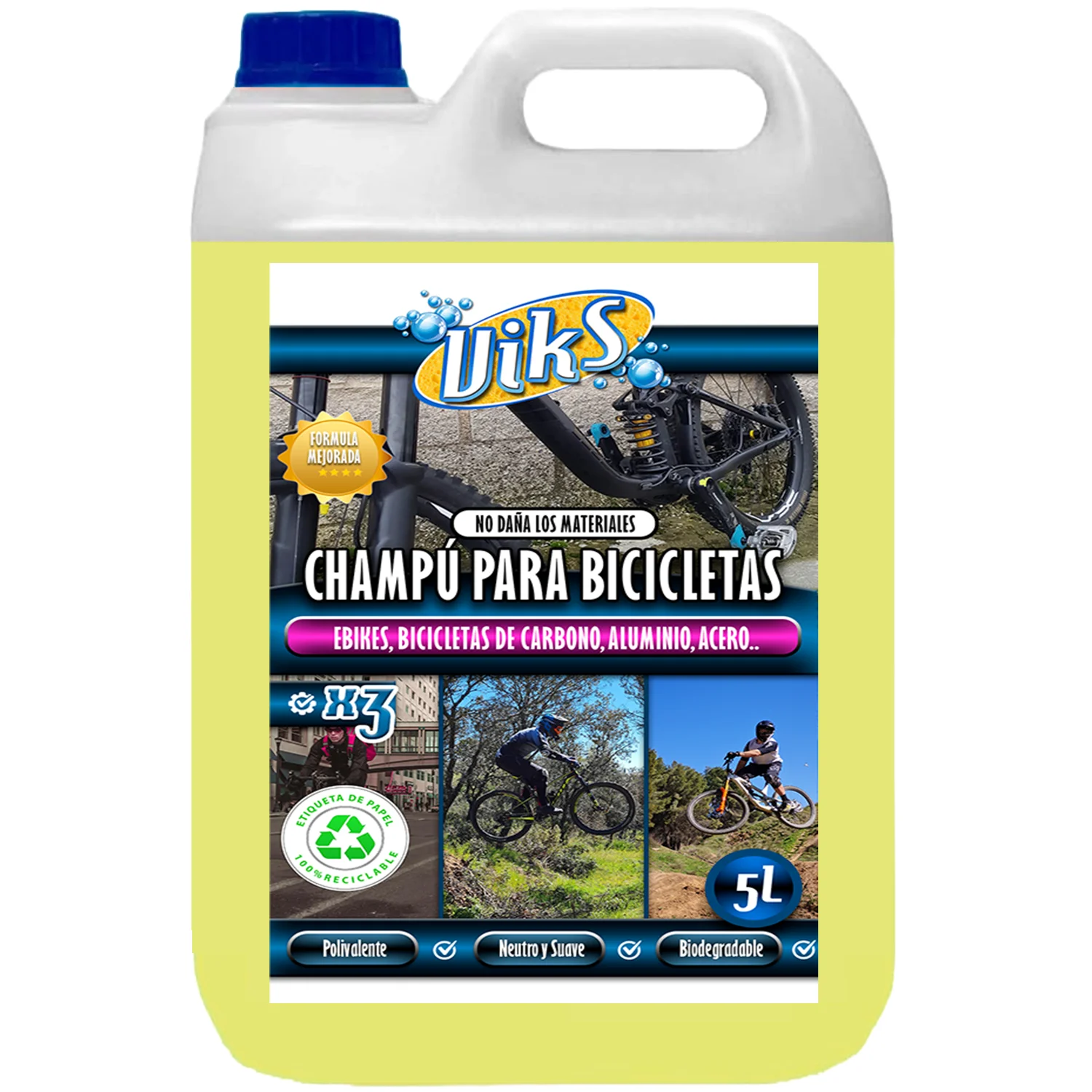 Viks Limpiador de Bicicletas   Bike Cleaner   Champu Bici eBikes Neutro y Suave | Válido para Carbono, Aluminio, etc | Champu Limpiador de Cuadros | 5L