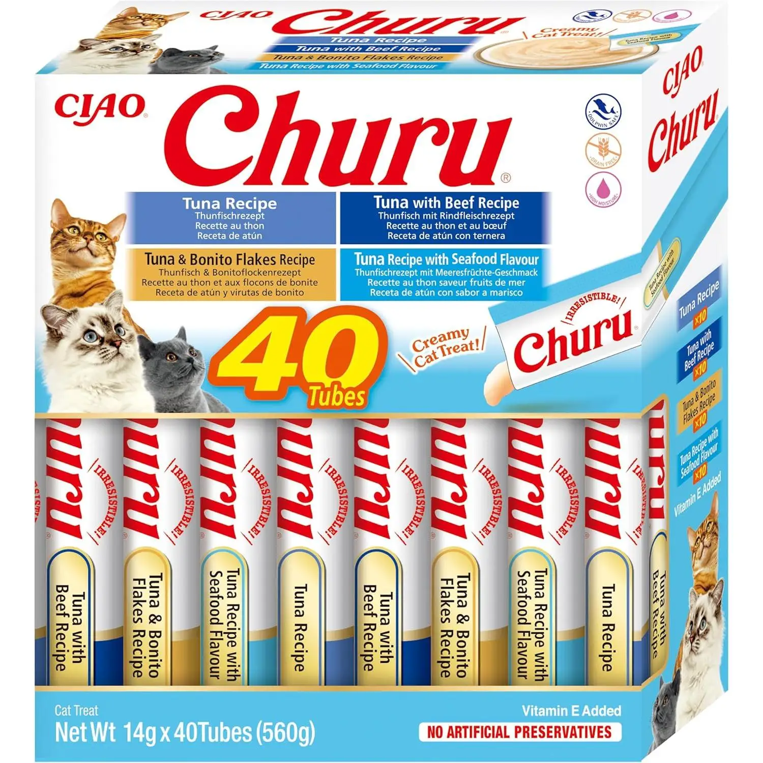 CHURU – INABA,  40 UNIDADES MIX Variedades de Snacks Sludables Base De ATÚN, Premio para Gatos, Premio Delicoso, Snacks Liquido,