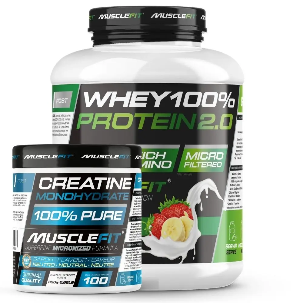 Pack Whey 100% Protein 2000g + Creatina 300g MuscleFIt / MuscleVip Aumento Muscular