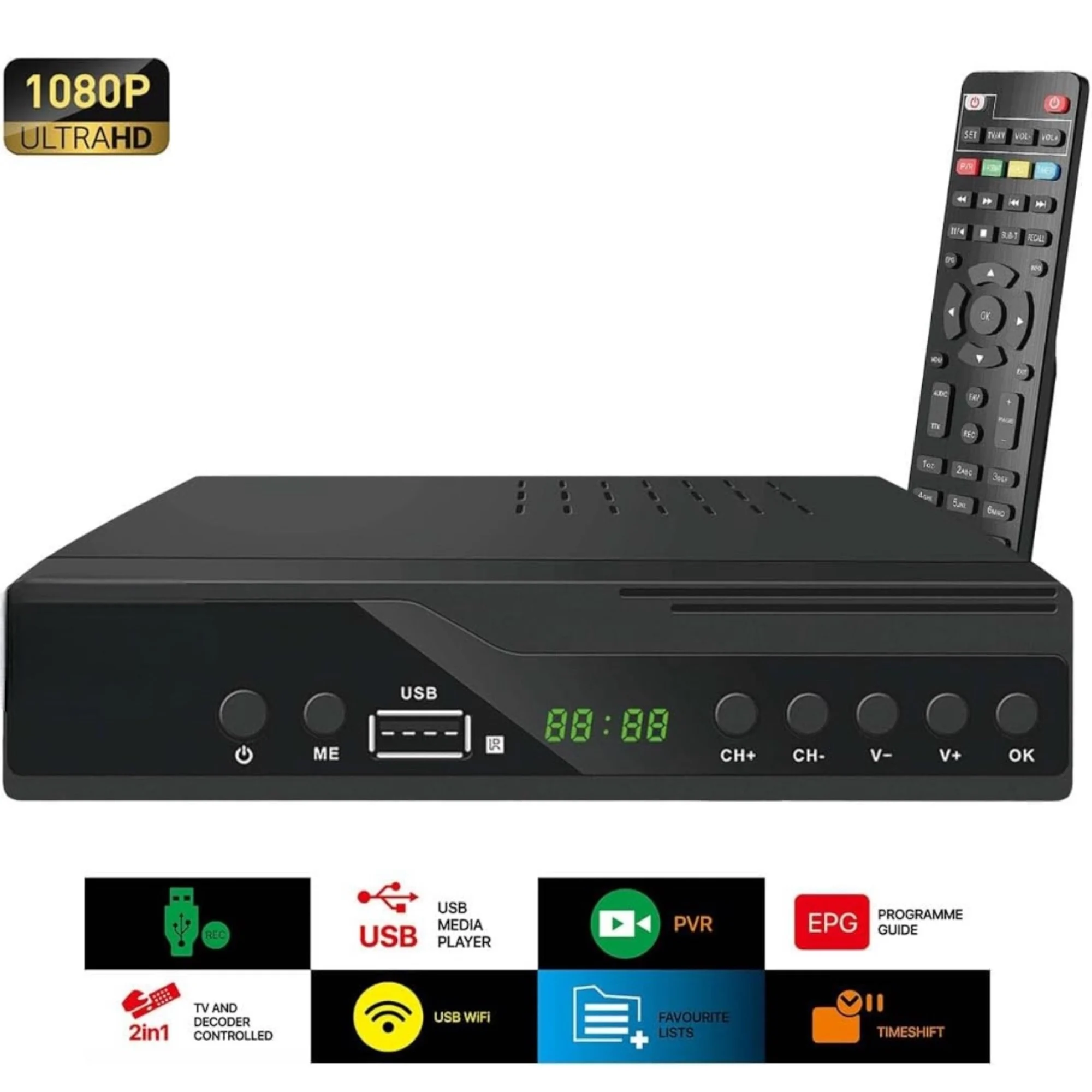 Tdt Decoder Uhd Dvb-T T2 or T3 Tuner Mpeg-4 2 Nero Dtt Hd Dtt Receiver, Digital Terrestrial Television Tuner, Terrestrial Decoder, Full Hd 1080P/ Dolby/Mpeg-2/4, H.264, Hd, Dvb-T2 (Tdt-001 1590 D7)