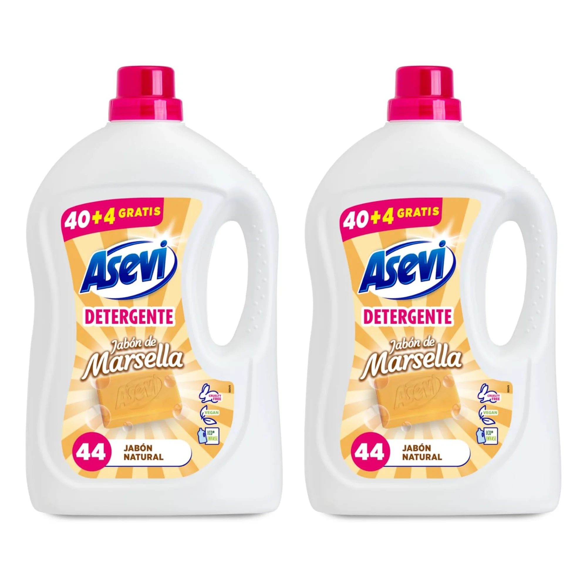 Pack Ahorro de dos Botellas Asevi Detergente Marsella - Fórmula Concentrada para Ropa Blanca y de Color - 44 Lavados con Jabón Natural - Suavidad, Limpieza y Aroma Clásico