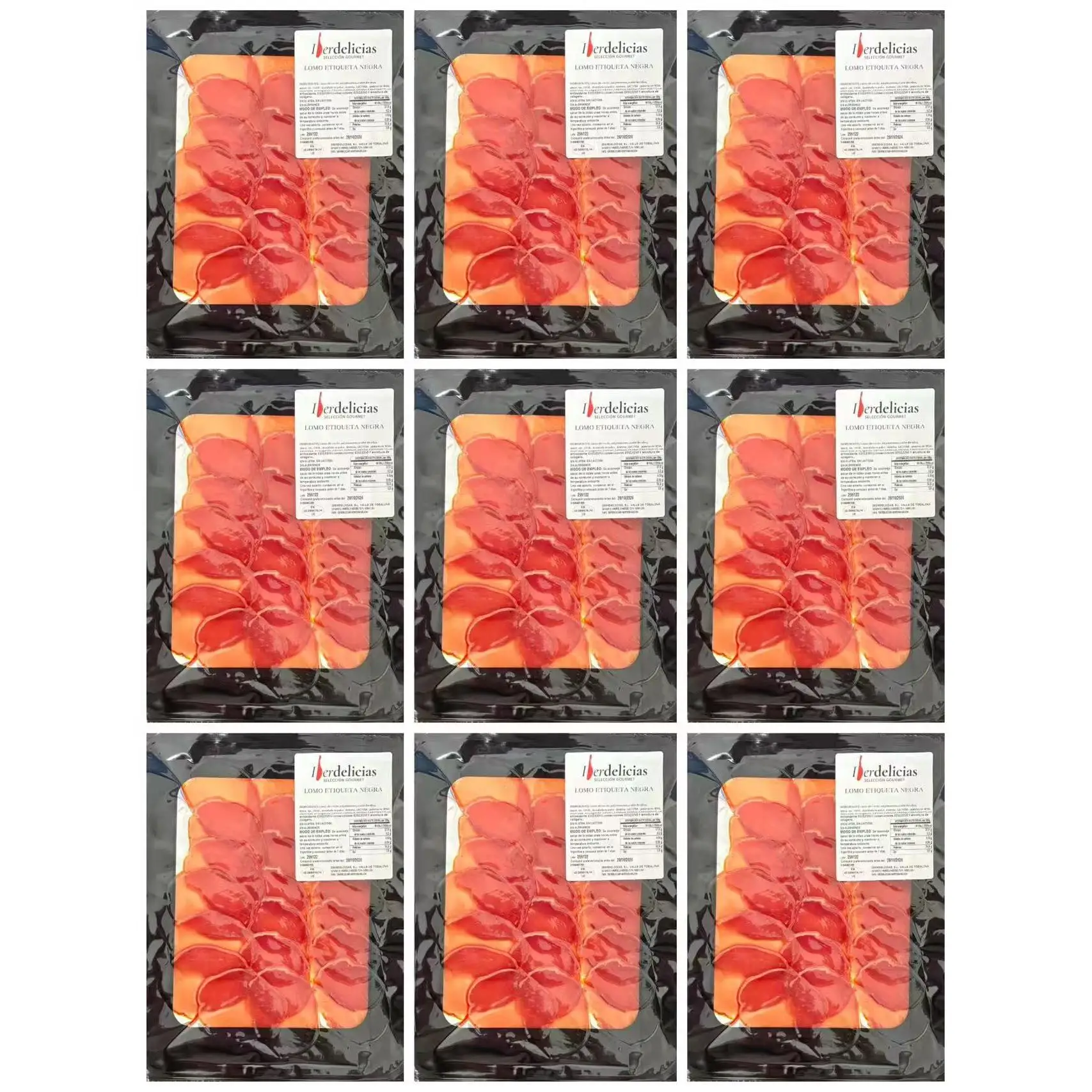 JAMON cebo Ibérico 50% raza Ibérico 9 sobres de 100g-LOMO etiqueta negra 9 sobres de 100g-SALCHICHON Ibérico 9 sobres de 100g-CHORIZO Ibérico 9 sobres de 100g