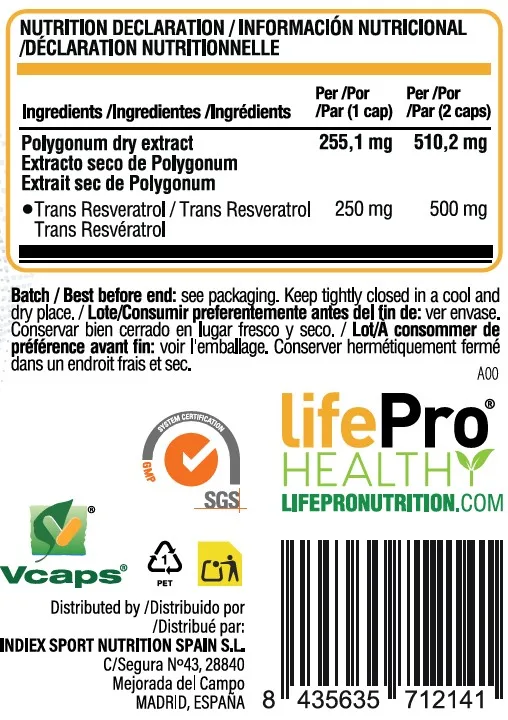 LIFE PRO NUTRITION TRANS RESVERATROL 98% 60 CAPS | Vegetable polyphenol | Vasodilating action | Prevents cell oxidation