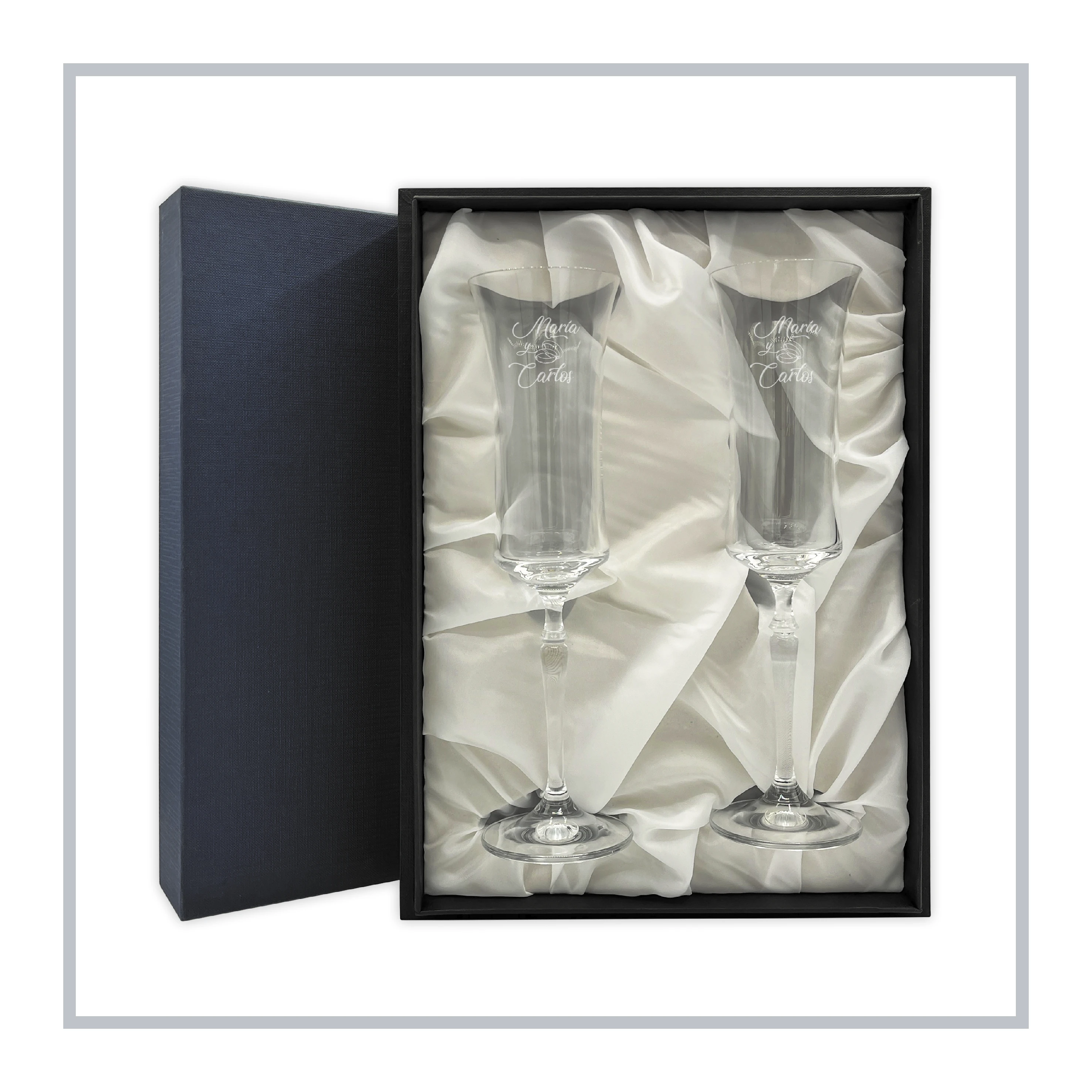 RegaloVip.es - Copas Champán Bohemia, Estuche de Lujo Azul. Cristal de Bohemia, Regalos personalizados y originales, copas personalizadas, brindis con emoción, regalo bodas, 25 aniversario, 50