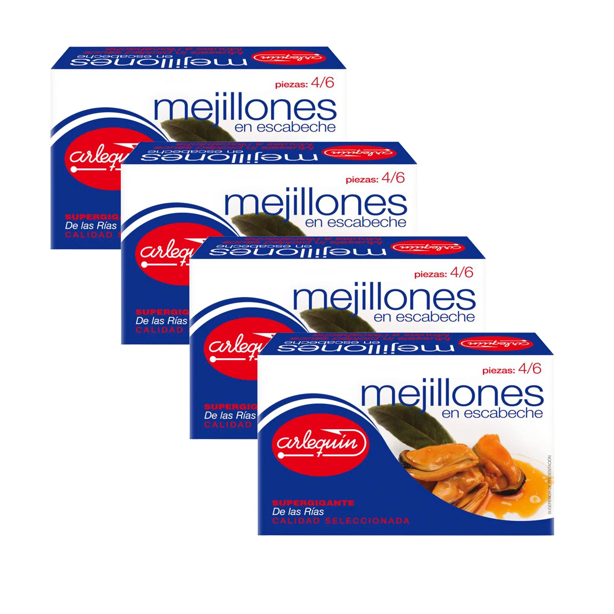 ARLEQUIN Mejillón en Escabeche, Tamaño Gigante, Pack de 4 Latas de 120 grs. y 4/6 Unds (480 grs. y 16/24 Unds)
