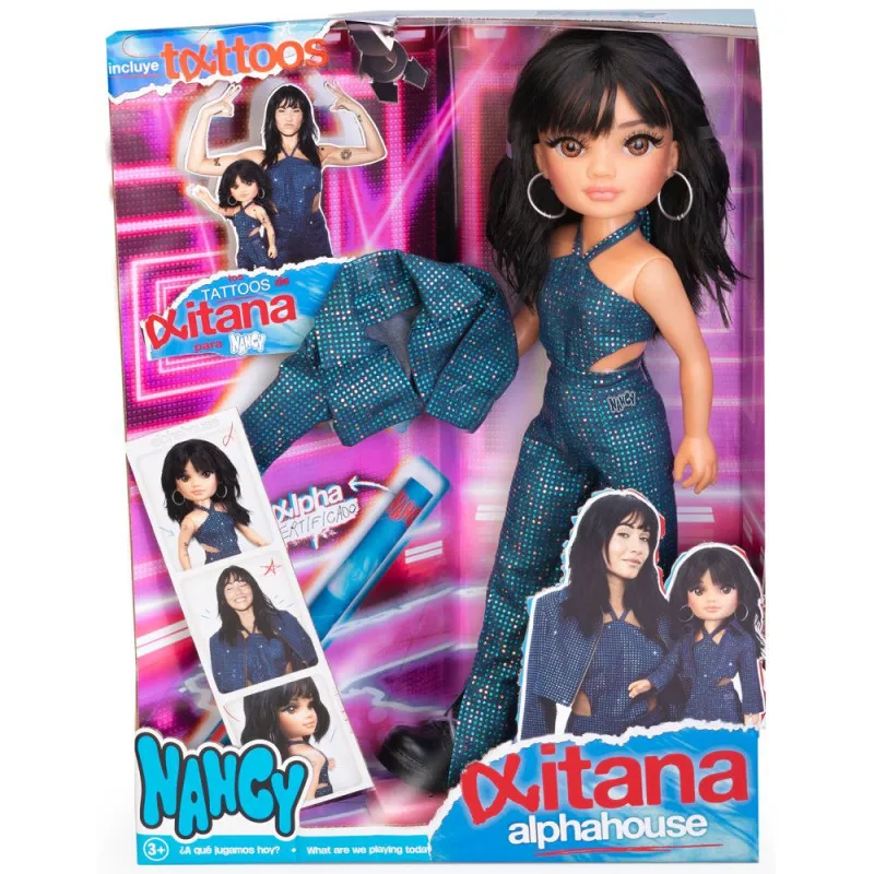 Nancy Aitana Alphahouse, Muñeca como la Cantante, Melena Oscura con Corte a Capas, Conjunto Diseñado por JC Pajares, Hoja de Tatuajes de Aitana, Certificado de Autenticidad