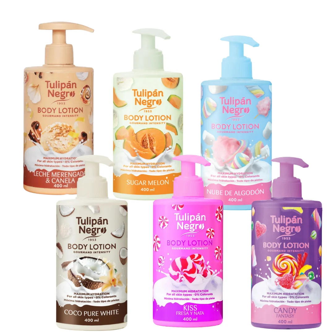 SUPER Pack 6 Lociones Corporales Tulipan Negro 400 ml | Aromas irresistibles: Nubes de Algodón, Canela y Leche Merengada, Coco, Melón, Fresa y Nata y Candy. Hidratación profunda, suavidad y fragancias únicas para tu cuidado diario. AHORRA CON EL PACK TULI
