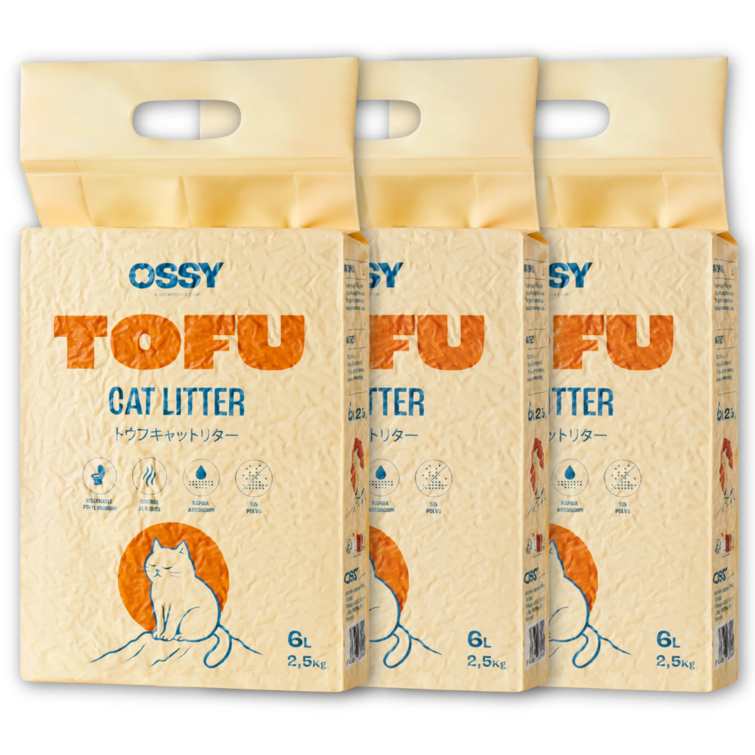 Arena de TOFU Pack x3 para Gatos Ossy 7.5Kg–18L Arena aglomerante para Gatos Sin químicos  Sin Fragancias Artificiales  99,98% Libre de Polvo Retención de Olores Desechable por el inodoro Tofu Cat Litter.