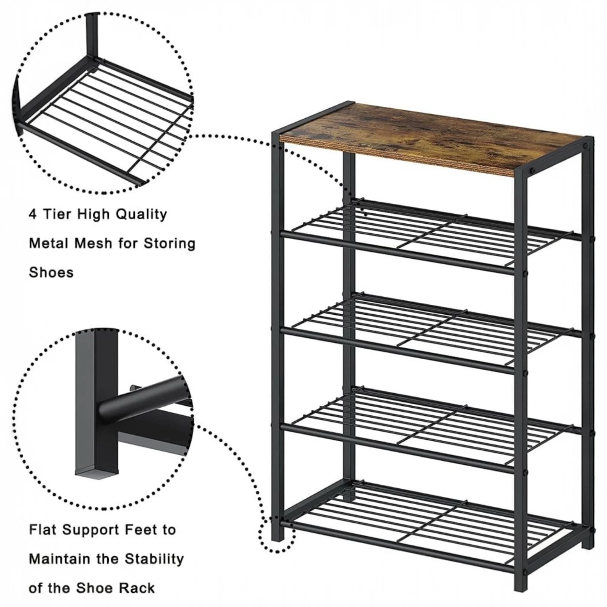 Shoe Rack, Wooden Lid Metal Shoe Rack, Entrance and Hallway Shoe Rack, Shoe Rack, 4/5 Tier Shoe Rack, Shoe Organizer, for 12-16 Pairs, for entrance, bedroom. (4P 5P 2090 2590)