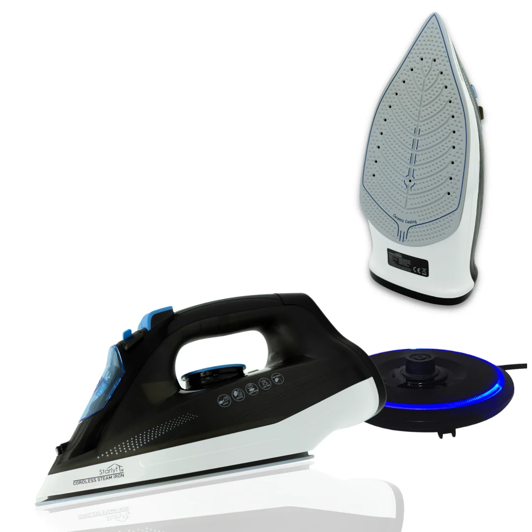 STARLYF Plancha de vapor sin cable Cordless Steam Iron, Plancha de ropa Vertical/Horizontal, 2400W, Liviana y práctica, Base de cerámica antical, Todos los tejidos, Plancha inalámbrica de vapor