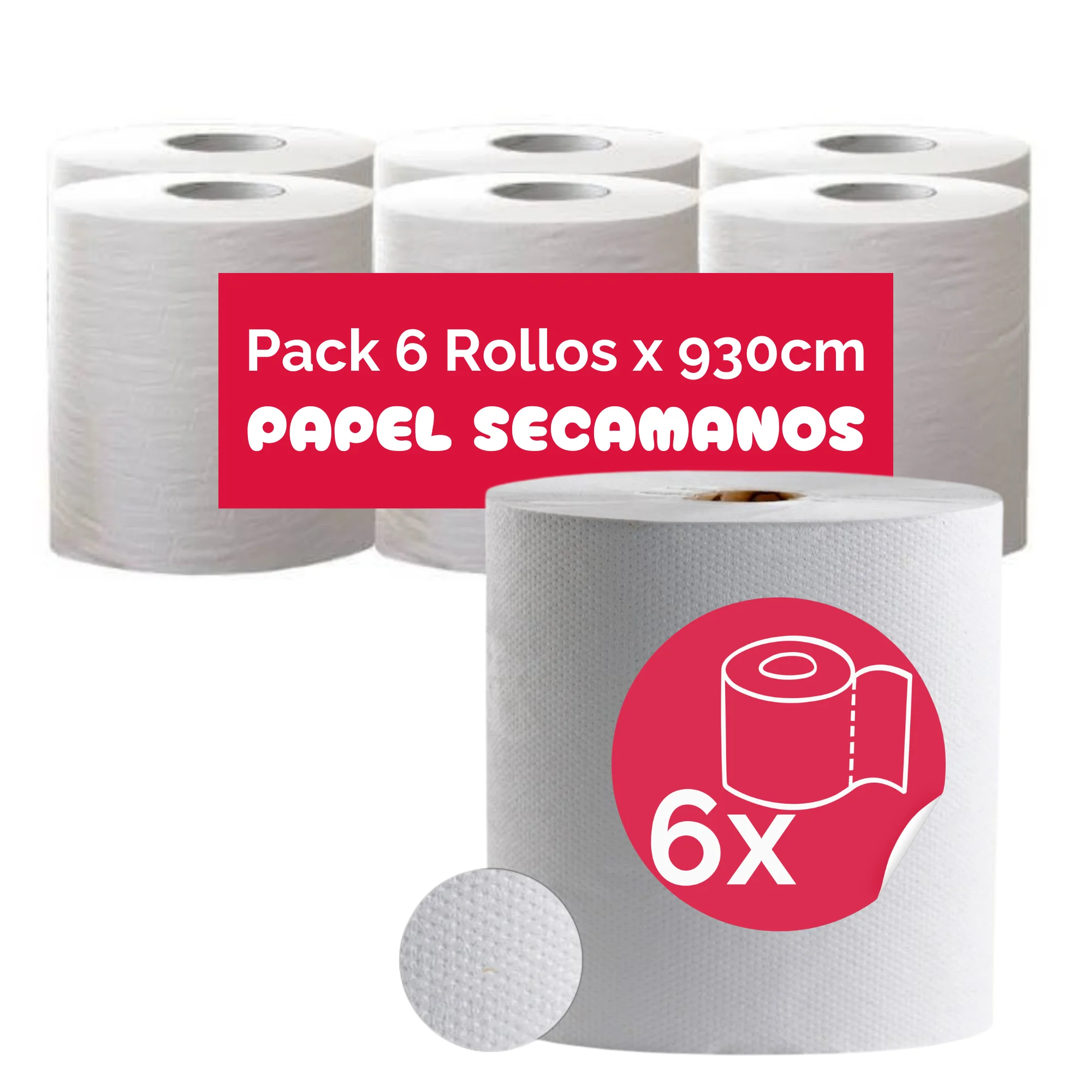 Papel Secamanos Bobina –  Pack 6 Rollos de 93 m – Doble Capa Extra Gofrado – Papel Industrial Blanco