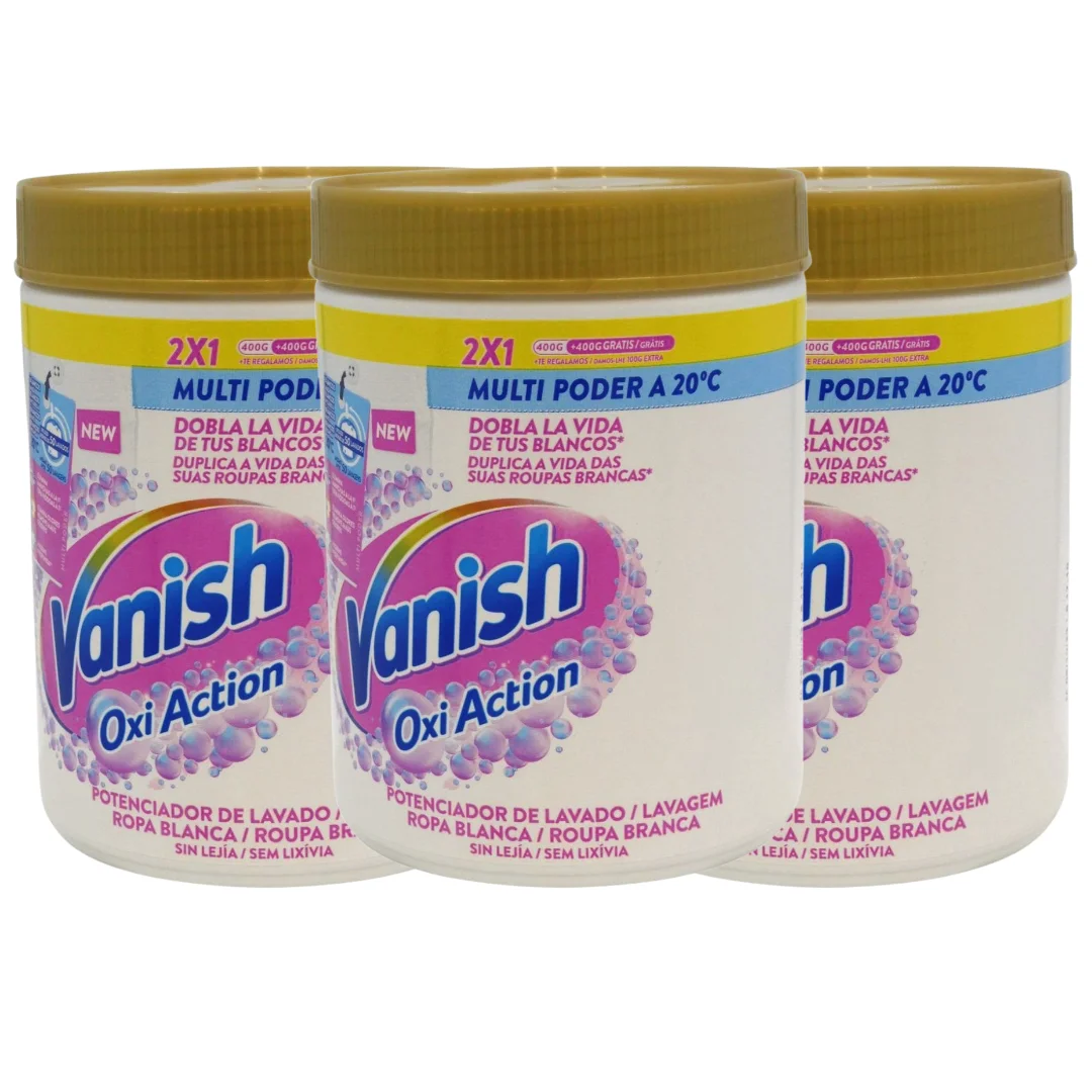 OFERTA ESPECIAL Pack de 3 Vanish Oxi Action 900g – Total 2,700 KILOS Potente Quitamanchas en Polvo para Ropa: Optimiza el Lavado, Elimina Olores y Desafía las Manchas Más Difíciles. Limpieza Profunda para Ropa sin Manchas con Vanish Oxi Action