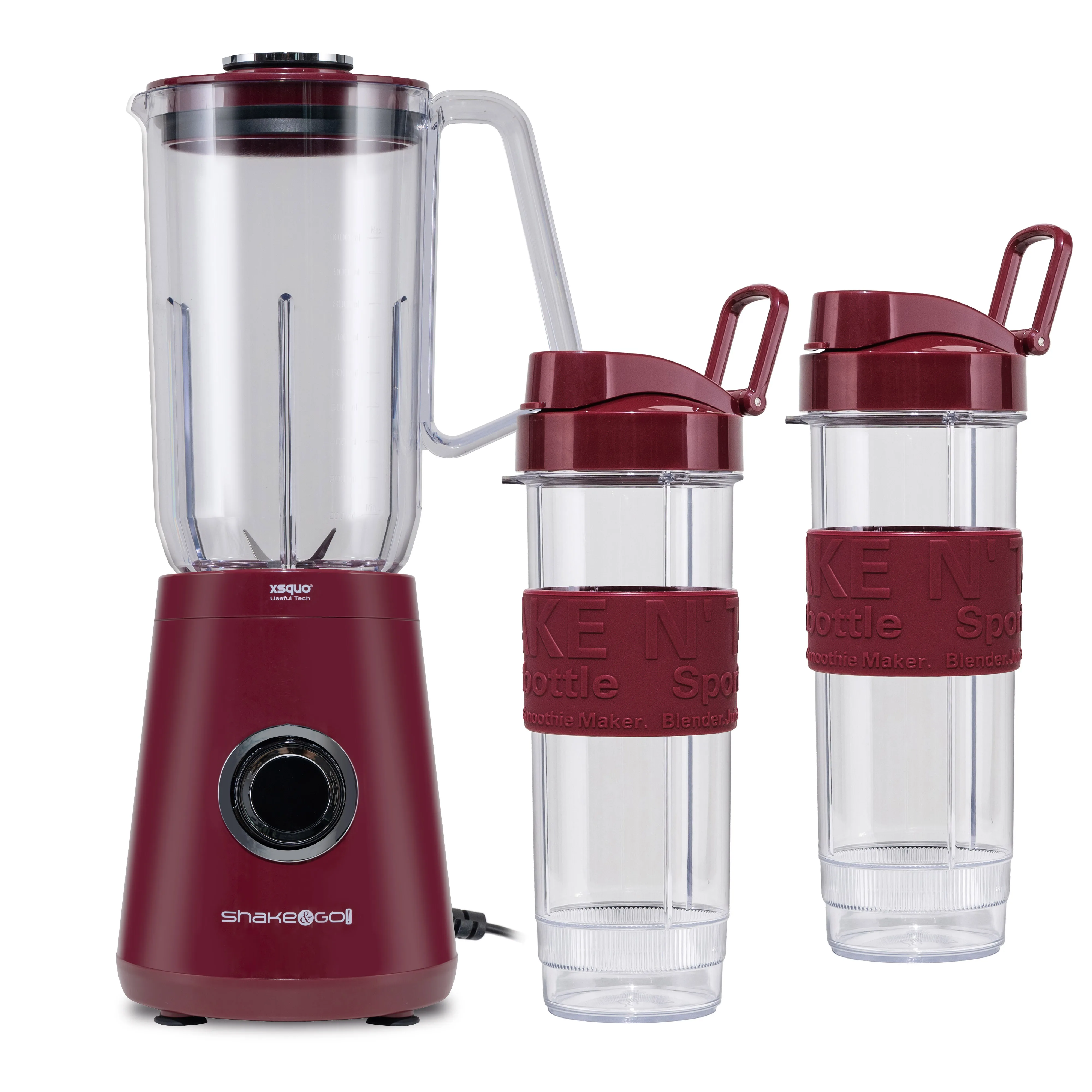 XSQUO Useful Tech, Shake & Go - Mini Batidora de Vaso Personal 3 en 1, 500W, Incluye 2 Botellas Shaker de 570ml, Base Antideslizante, Tapa con Asa, 4 
