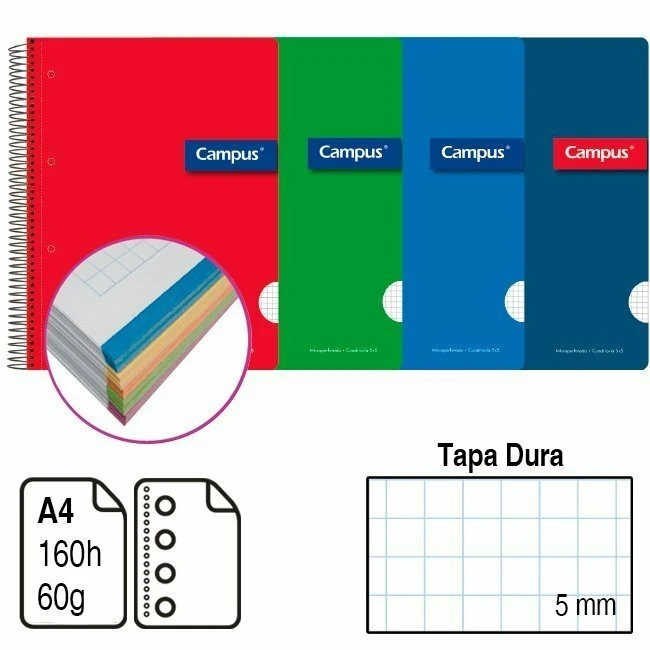 CAMPUS BLOC ESPIRAL MICROPERFORADOS A4 TAPA DURA 160 H.  con 4 taladros y 5 bandas de color CUADRÍCULA 5 MM CALIDAD GARANTIZADA ENVIO COLOR ALEATORIOS