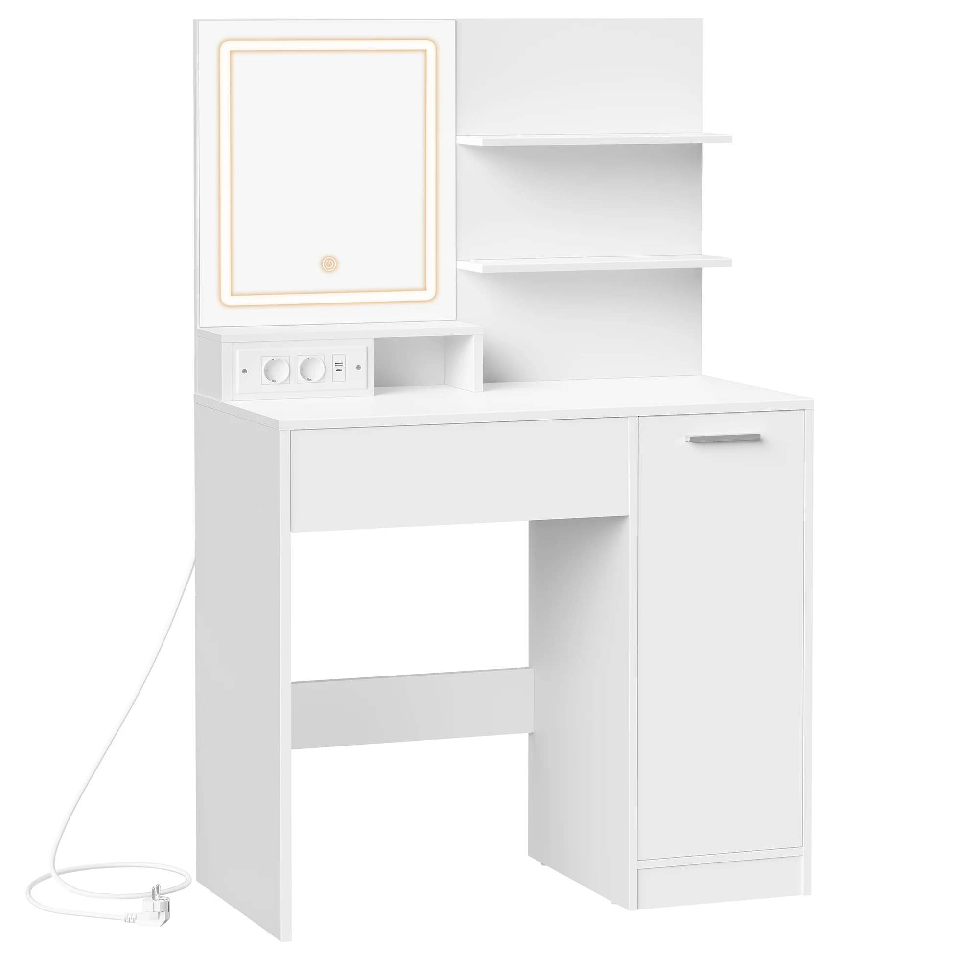 VASAGLE Kailyn Colección - Tocador con Espejo LED, con Regleta de Enchufes, Gabinete con 2 Estantes Ajustables, 1 Cajón, 2 Estantes Abiertos, Estilo Moderno, Blanco, Regalo de Navidad