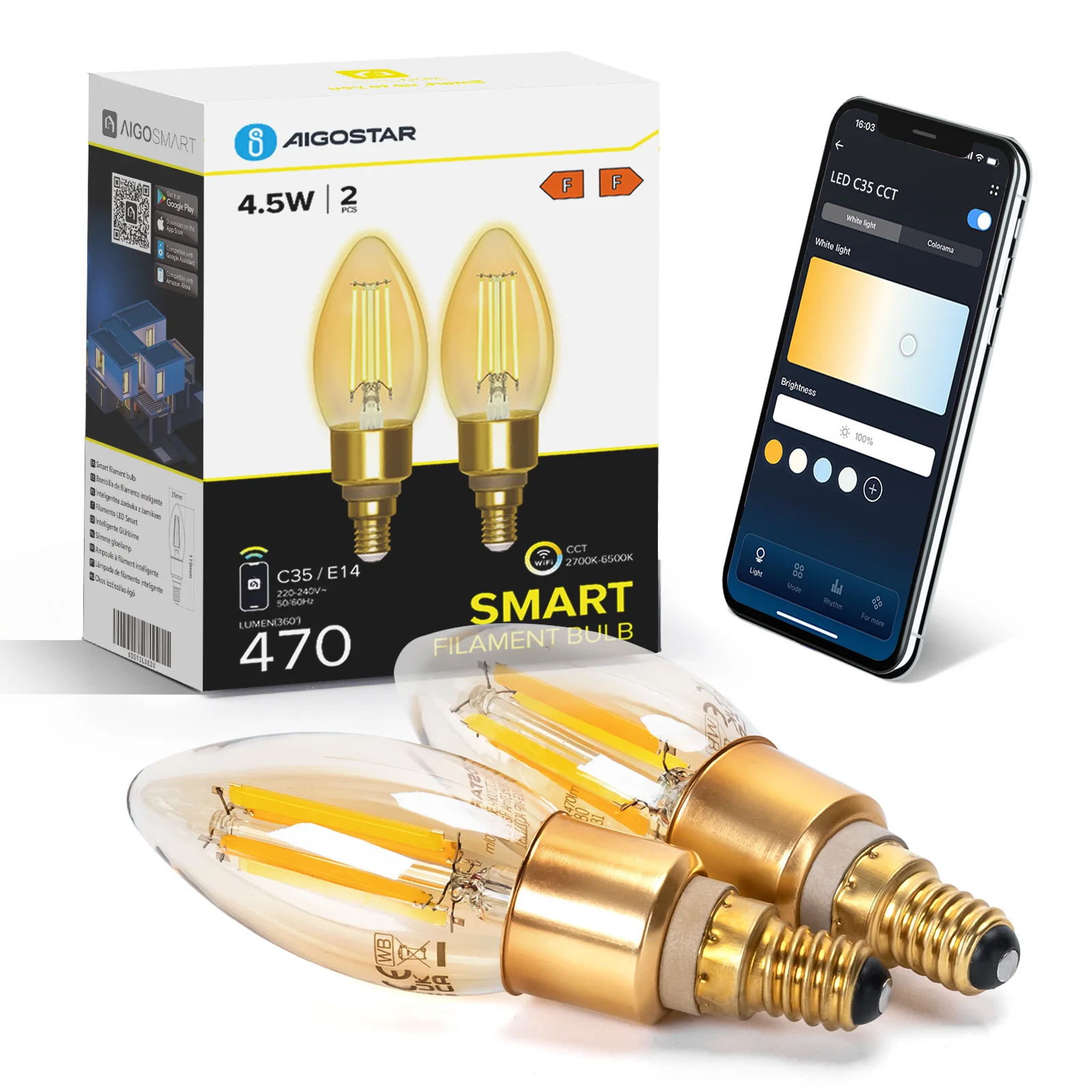Aigostar Edison Bombillas Alexa LED E14 Bombillas Inteligentes 4.5W 470LM WIFI Bombilla Vintage C35 Bombillas Filamento Regulable 2700K-6500K, compatible con Alexa/Google Home. ámbar 2 pack