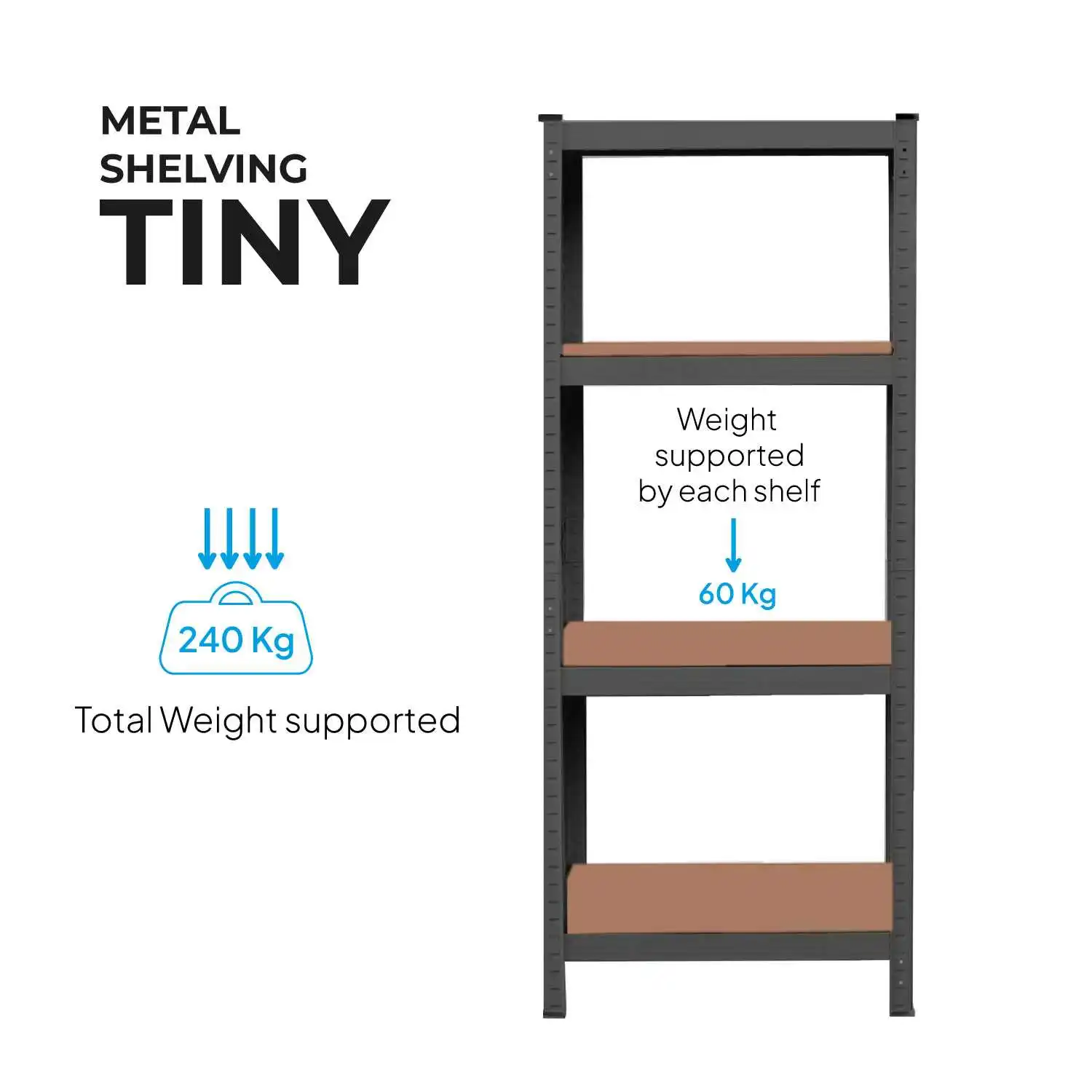 OioDual Metal Shelf Tiny Grey, Shelf for Home, Storage Rack, Storage Rack, Furniture, Office, Divisible Storage Shelves, Screwless, 240kg, 4 shelves MDF, 150x60x30cm