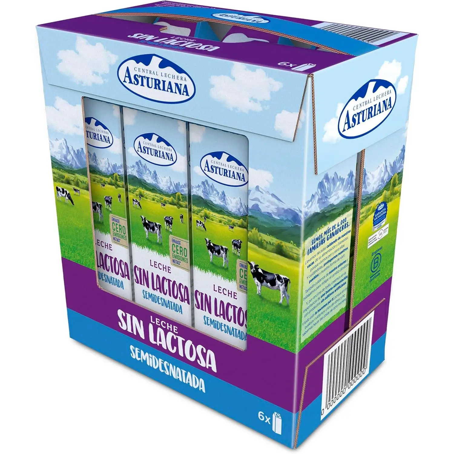 Central Lechera Asturiana Leche Sin Lactosa Semidesnatada, Pack 6 x 1L