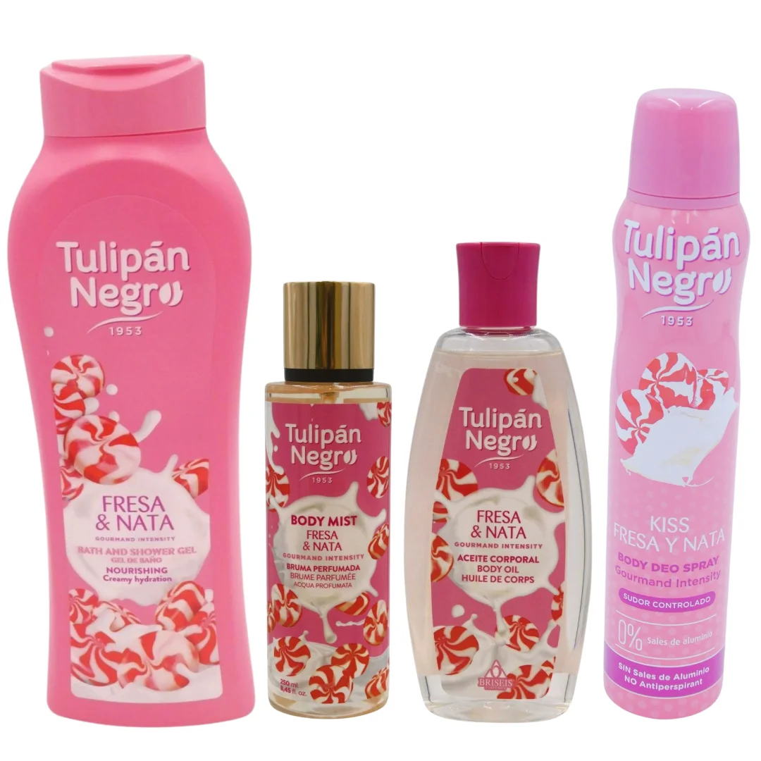 Tulipan negro fresa y crema pack con 4 productos: gel fresa y nata 650 ml + body mist "fresa & crema" 250 ml + beso fresa y desodorante crema 200 ml pack completo de fresa a tulipan negro
