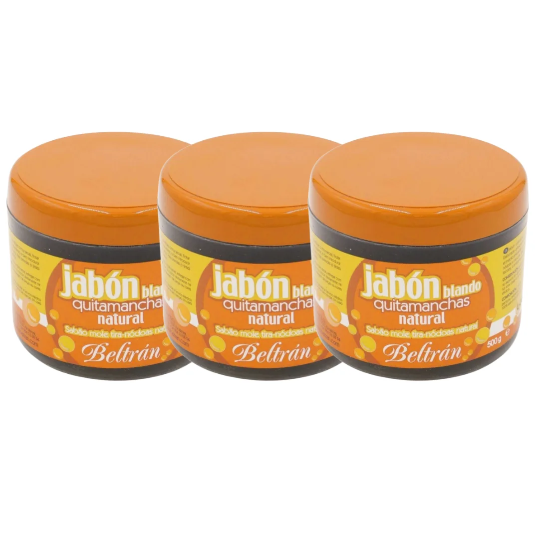 PACK DE 3 BELTRAN Jabón Potásico Quitamanchas 500g Jabón natural de textura blanda para eliminar las manchas a mano. Jabón tradicional elaborado de foma artesanal con ingredientes naturales. Respetuoso con el medio ambiente, los tejidos y la salud.  DDD