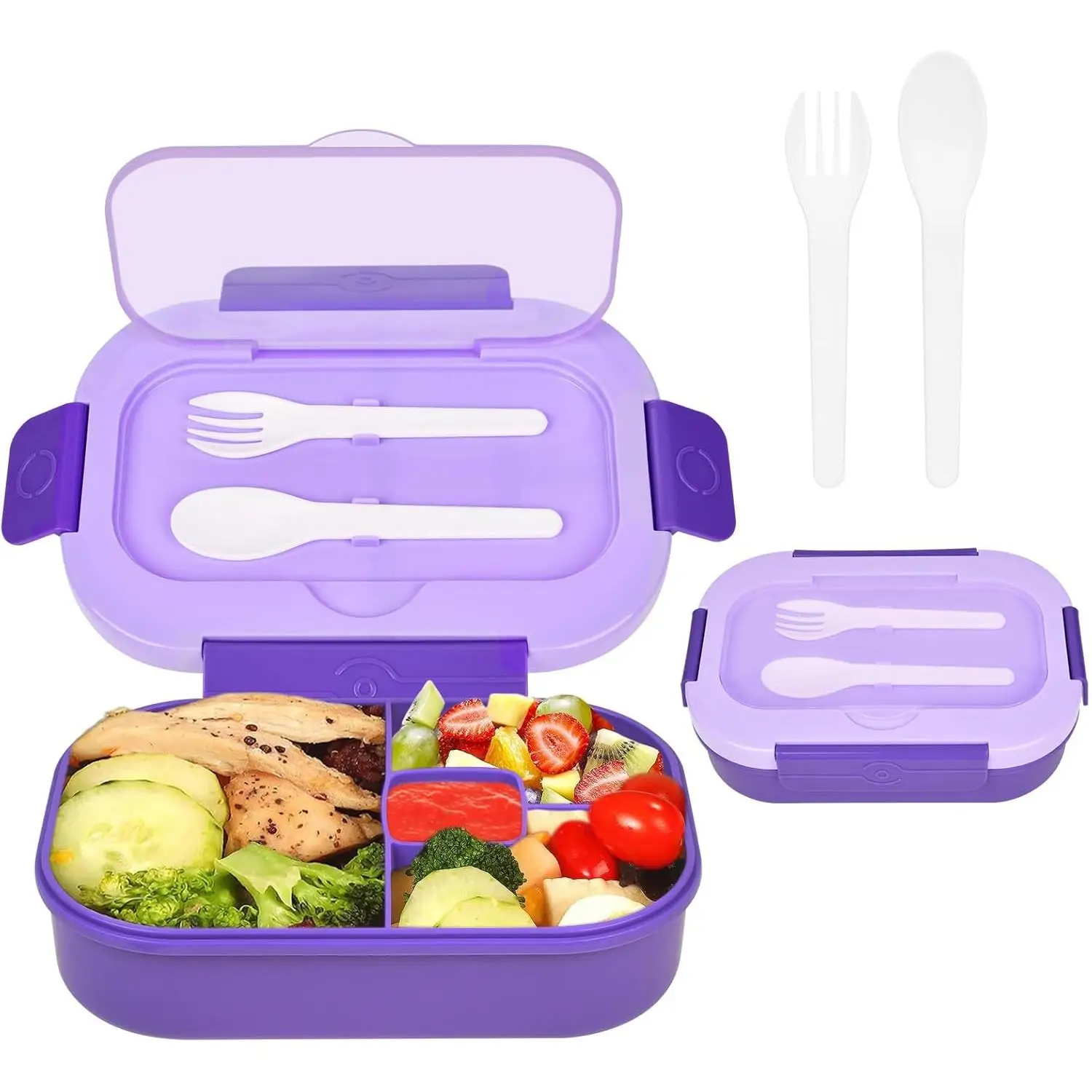 Fiambrera Bento 1300 ml – Hermética y Sin BPA, con 4 Compartimentos, Cuchara y Tenedor, Pegatinas – Apta para Microondas y Lavavajillas – Ideal para Niños y Adultos