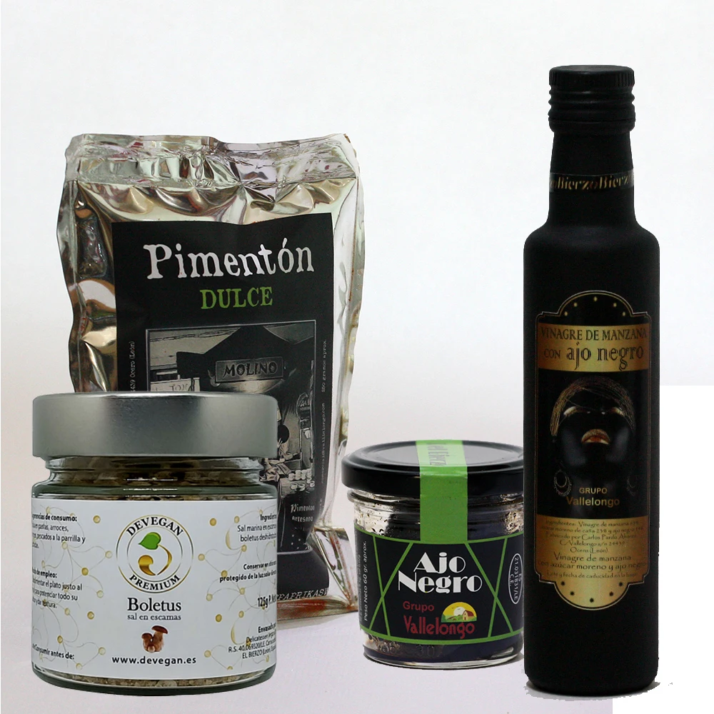 Pack Saludable nº 4 Healthy. Pimentón Vallelongo, Ajo Negro, Vinagre de Ajo Negro y Escamas de Sal con Boletus