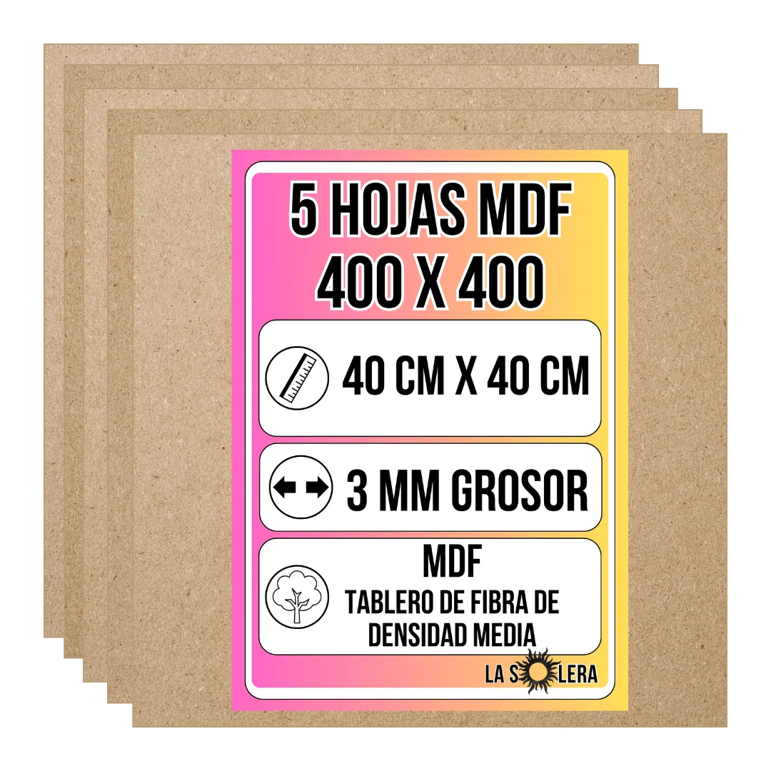 LA SOLERA | Pack de 5 hojas MDF 40x40 cm – 3 mm grosor, ideales para corte láser, manualidades, CNC, modelado, calado, bricolaje y proyectos de decoración y diseño DIY