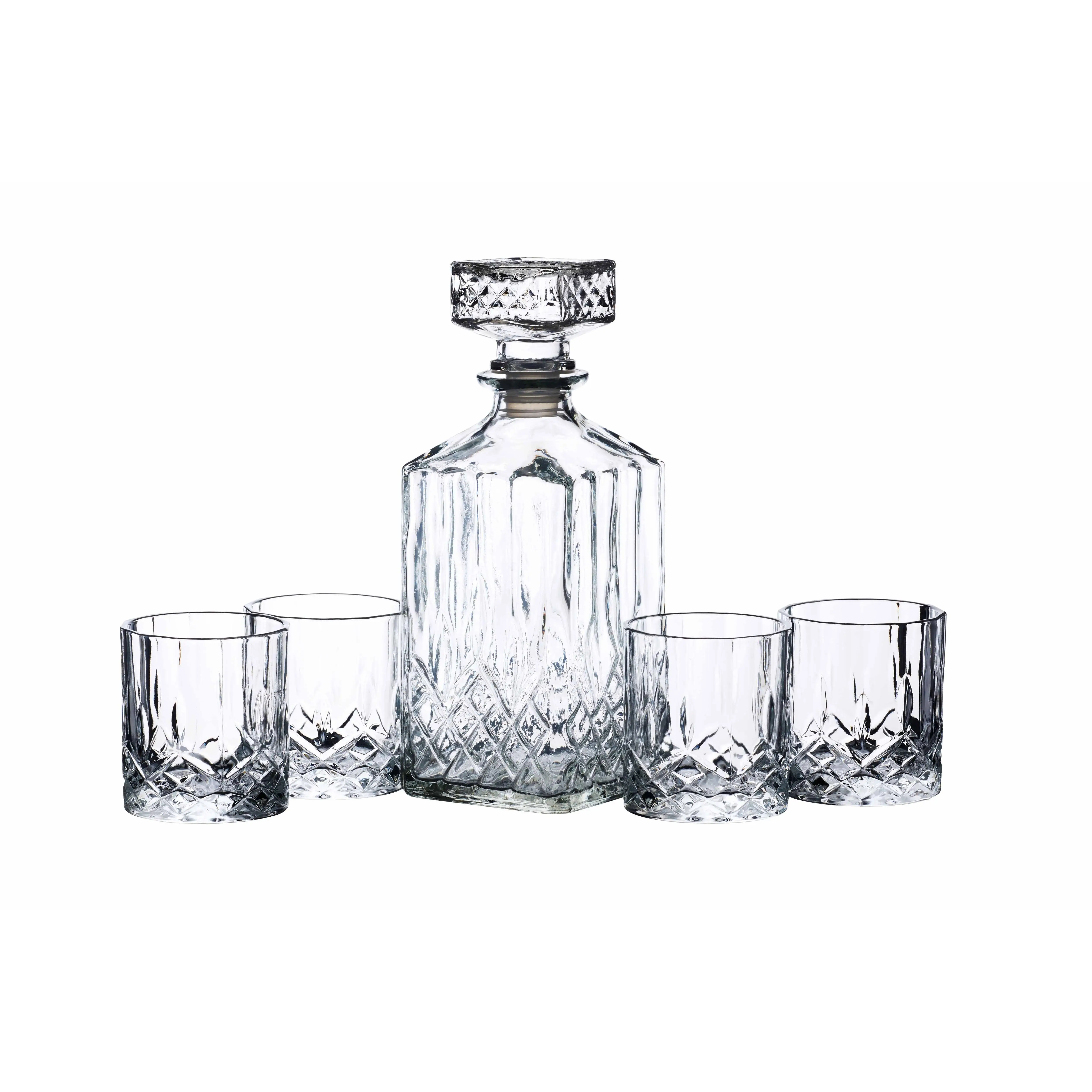 Barcraft whiskey decanter and gift glass set, 5-piece carved glass set, 900ml decanter with silicone stamp stopper and 4x glasses, 26 x 10 x 24cm