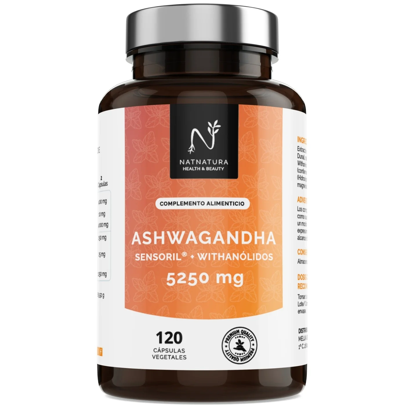 N NATNATURA HEALTH & BEAUTY - Ashwagandha Cápsulas Sensoril® 5250 mg/día | Equilibrio emocional, concentración y rendimiento físico | Vegano | 120 cápsulas vegetales.