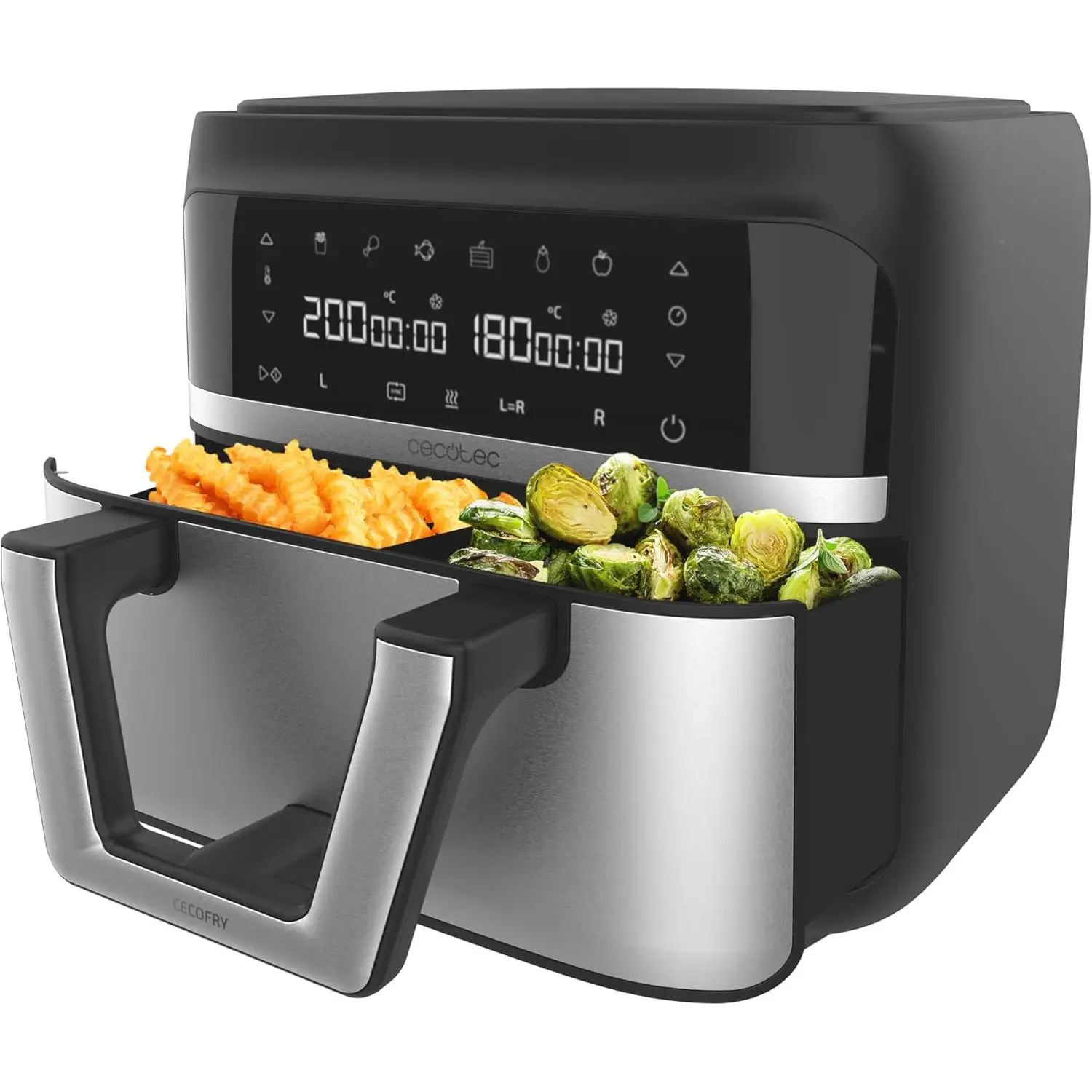 cecotec freidora de aire sin aceite 9l divisible en 2 air fryer cecofry dual 9000 2850w dietetica y digital panel tactil temperatura dual y regulable 6 modos tecnologia perfectcook