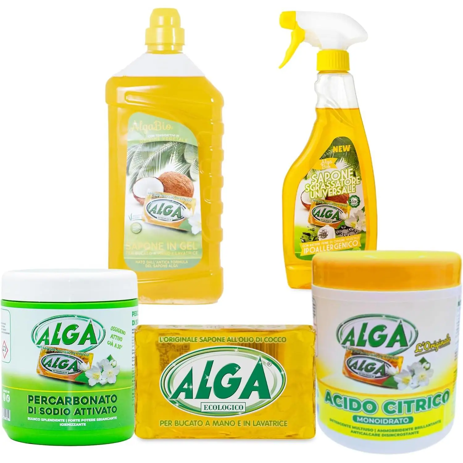 ALGA BIO KIT DE LIMPIEZA Jabón en gel para lavandería a mano y a máquina, Desengrasante universal, Jabón sólido, Percarbonato de sodio activado, Ácido cítrico