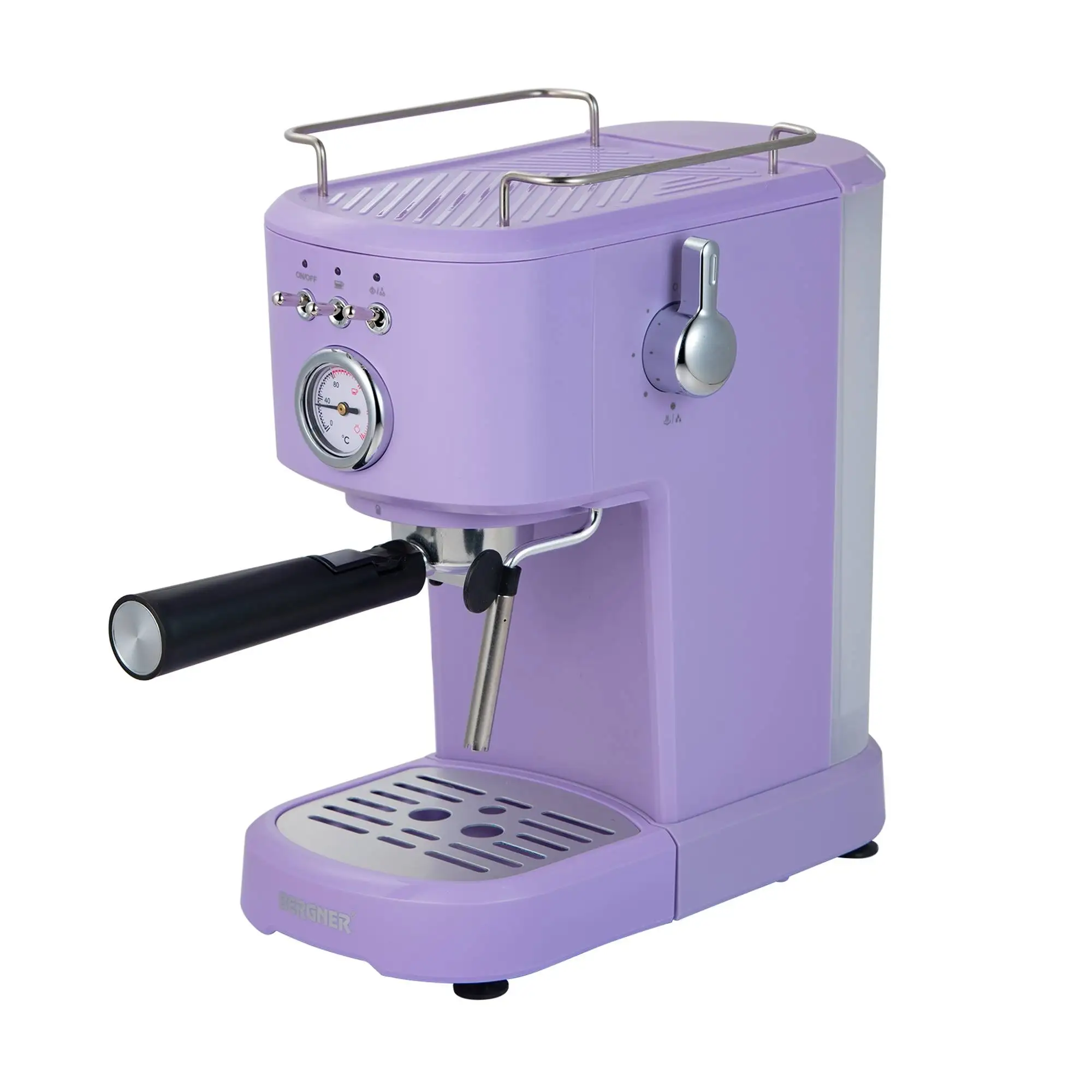 Bergner Cafetera Espresso Retro Lila 15Bar (AC220-240V, 50-60Hz, 1100W) depósito de 1,2L, espumador de leche y portafiltro de aluminio e inoxidable