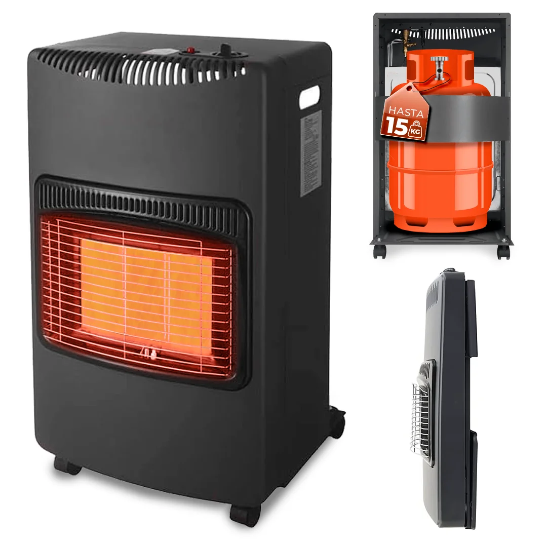 JUPPLIES Estufa de Gas Butano Plegable - Potencia 4200 W, Estufa Cerámica, 3 niveles de potencia, Triple Sistema de Seguridad, Sistema anti-vuelco, Bombonas hasta 15 kg, 20-80m²
