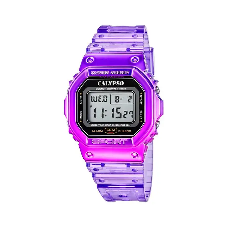 Calypso Unisex Purple Digital Watch - Splash Collection with Transparent Band, Waterproof Feature, and Alarm Function for Attention-Grabbing Style.