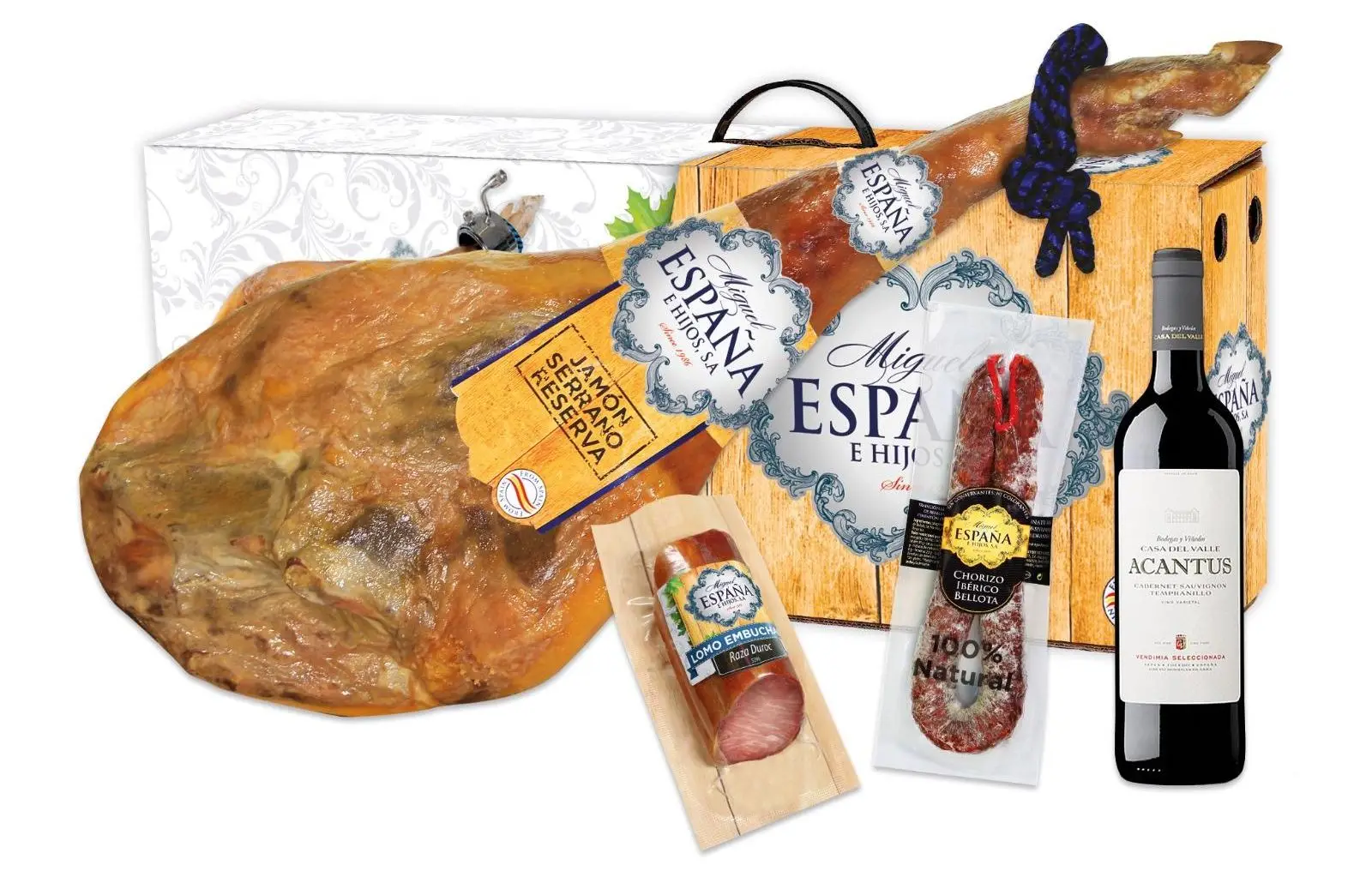 1 Jamón Serrano Reserva de 6,5 a 7 kg 1 Lomo embuchado de 300 g. 1 Chorizo sarta ibérico bellota 300g. 1 Botella de Vino ESPAÑA LOTE NAVIDAD LOTE JAMON